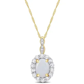 1 1/2 CT TGW Oval Shape Opal and White Topaz and Diamond Accent Halo Pendant with Chain in 14K Yellow Gold