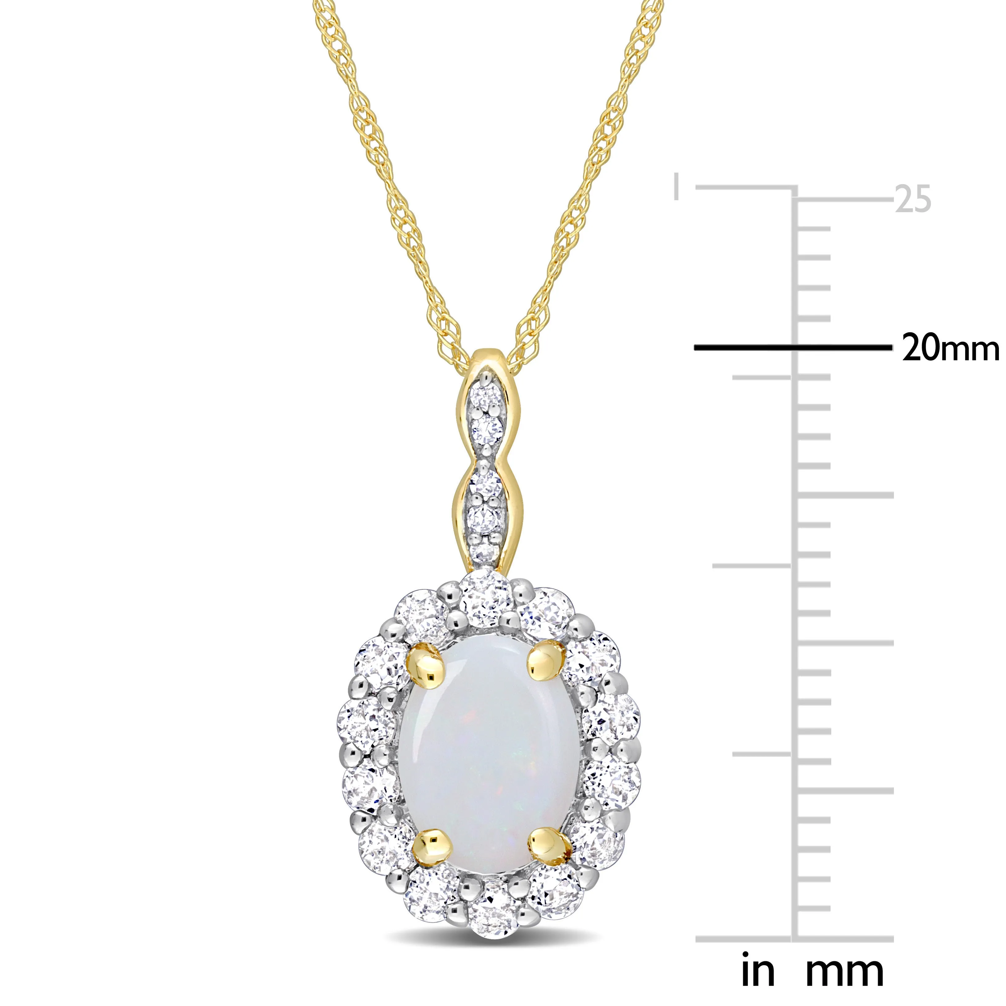 1 1/2 CT TGW Oval Shape Opal and White Topaz and Diamond Accent Halo Pendant with Chain in 14K Yellow Gold