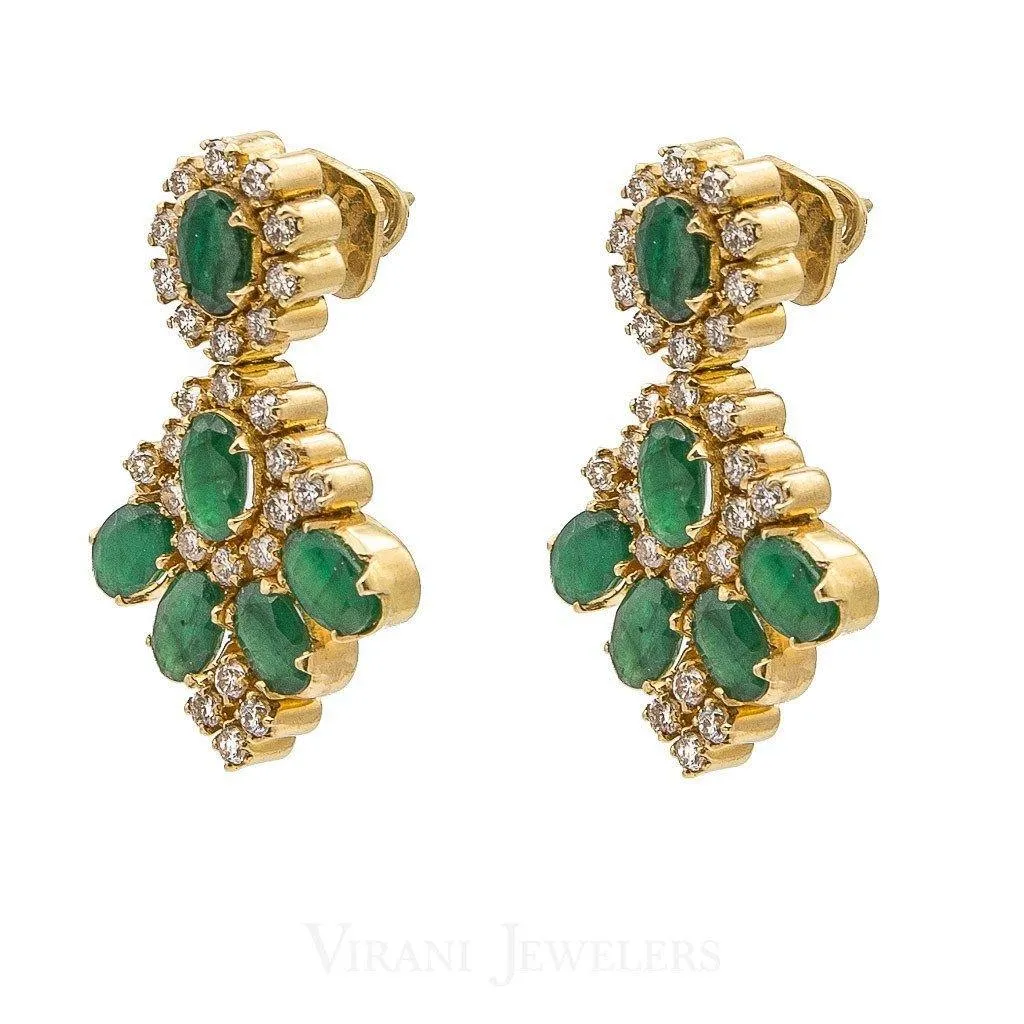 1.12CT Diamond Drop Earrings Set In 18K Yellow Gold W/ Precious Emerald Accents