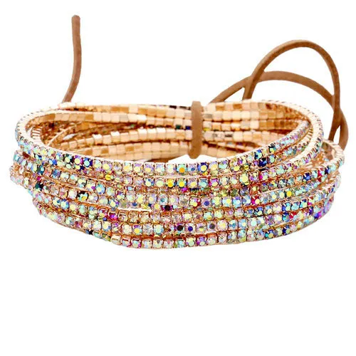 12Pcs Ribbon Colorful Rhinestone Layered Stretch Bracelets