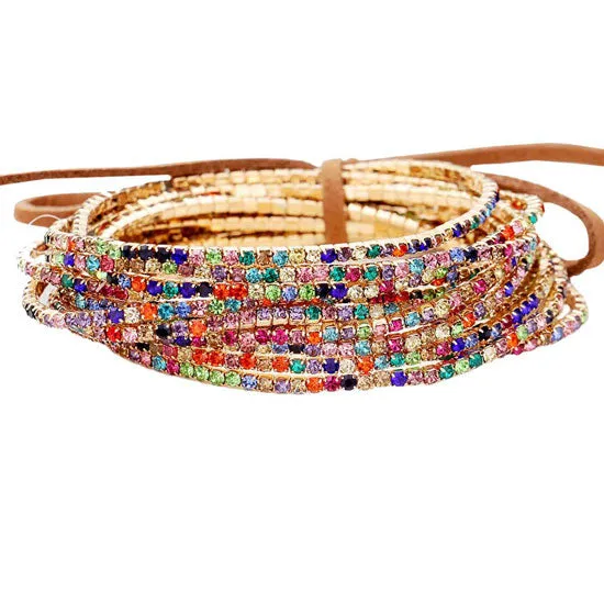 12Pcs Ribbon Colorful Rhinestone Layered Stretch Bracelets