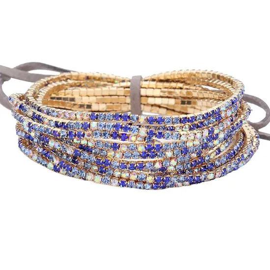 12Pcs Ribbon Colorful Rhinestone Layered Stretch Bracelets