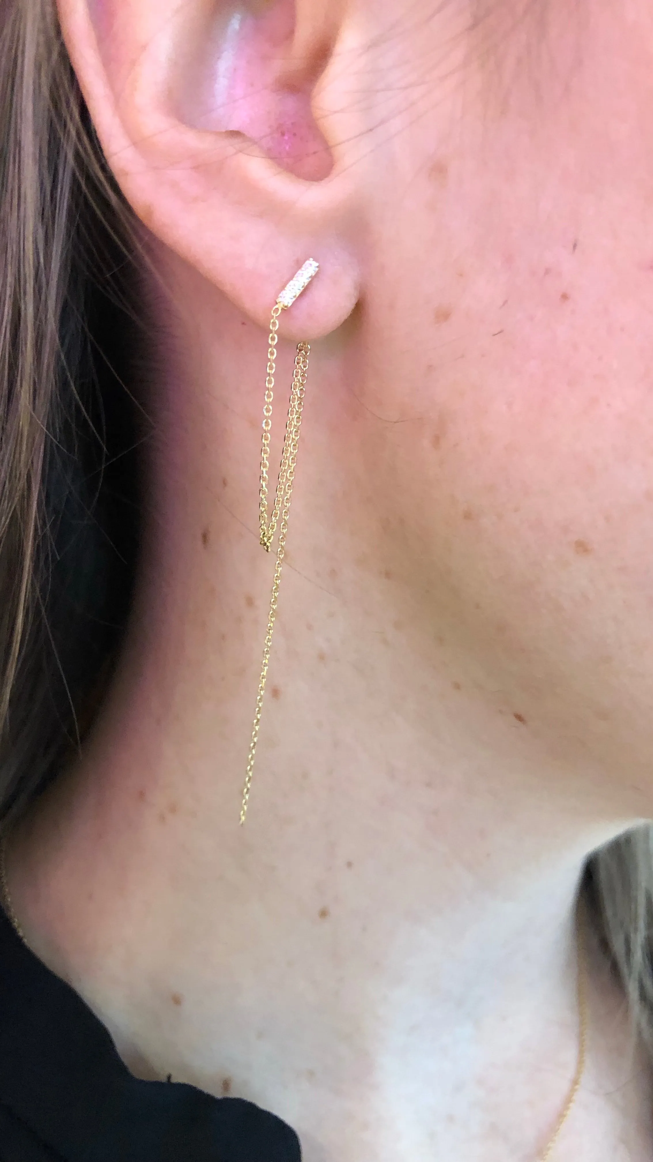 14K FRONT TO BACK BAR & HANGING CHAIN EARRINGS