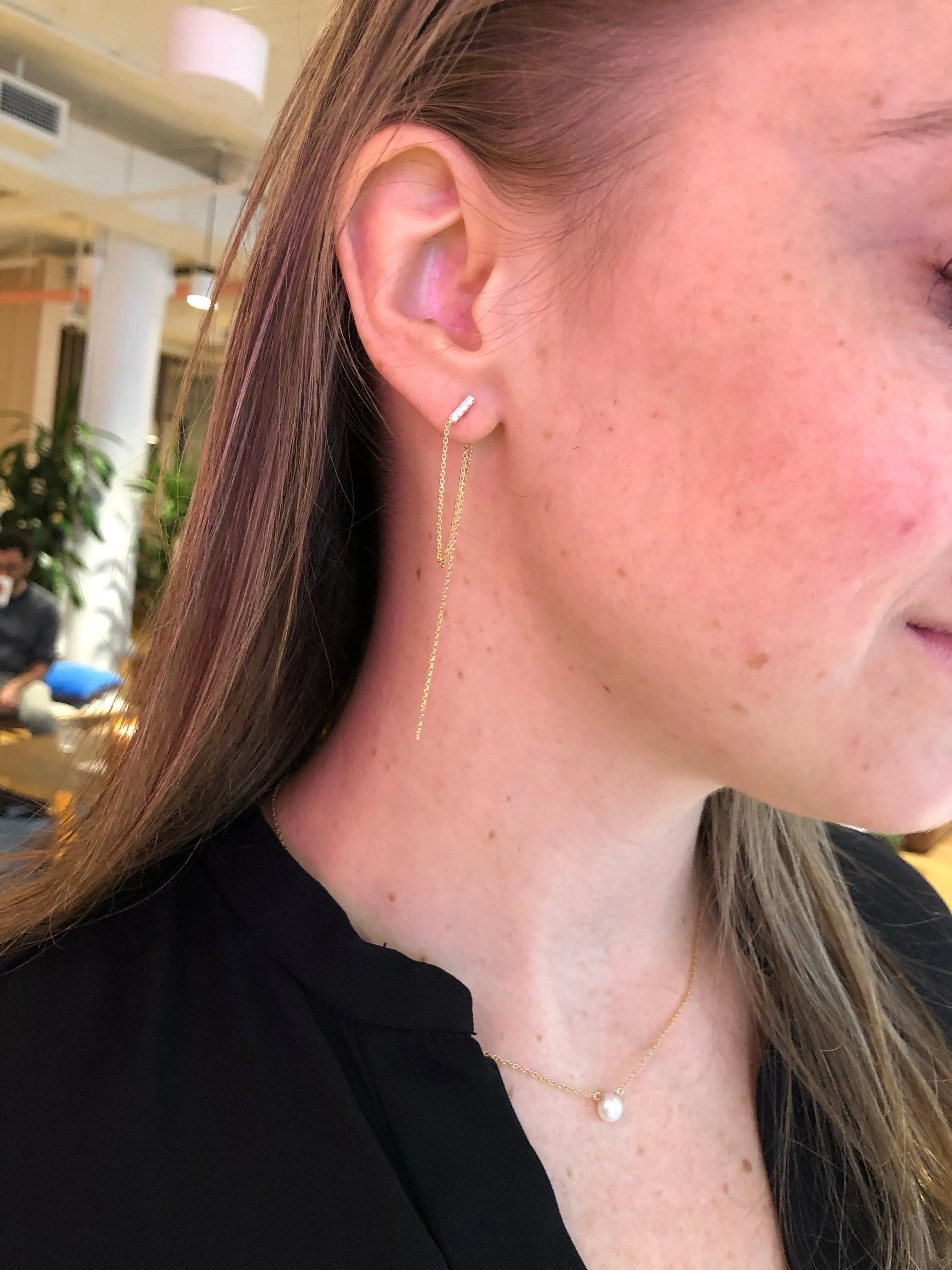 14K FRONT TO BACK BAR & HANGING CHAIN EARRINGS