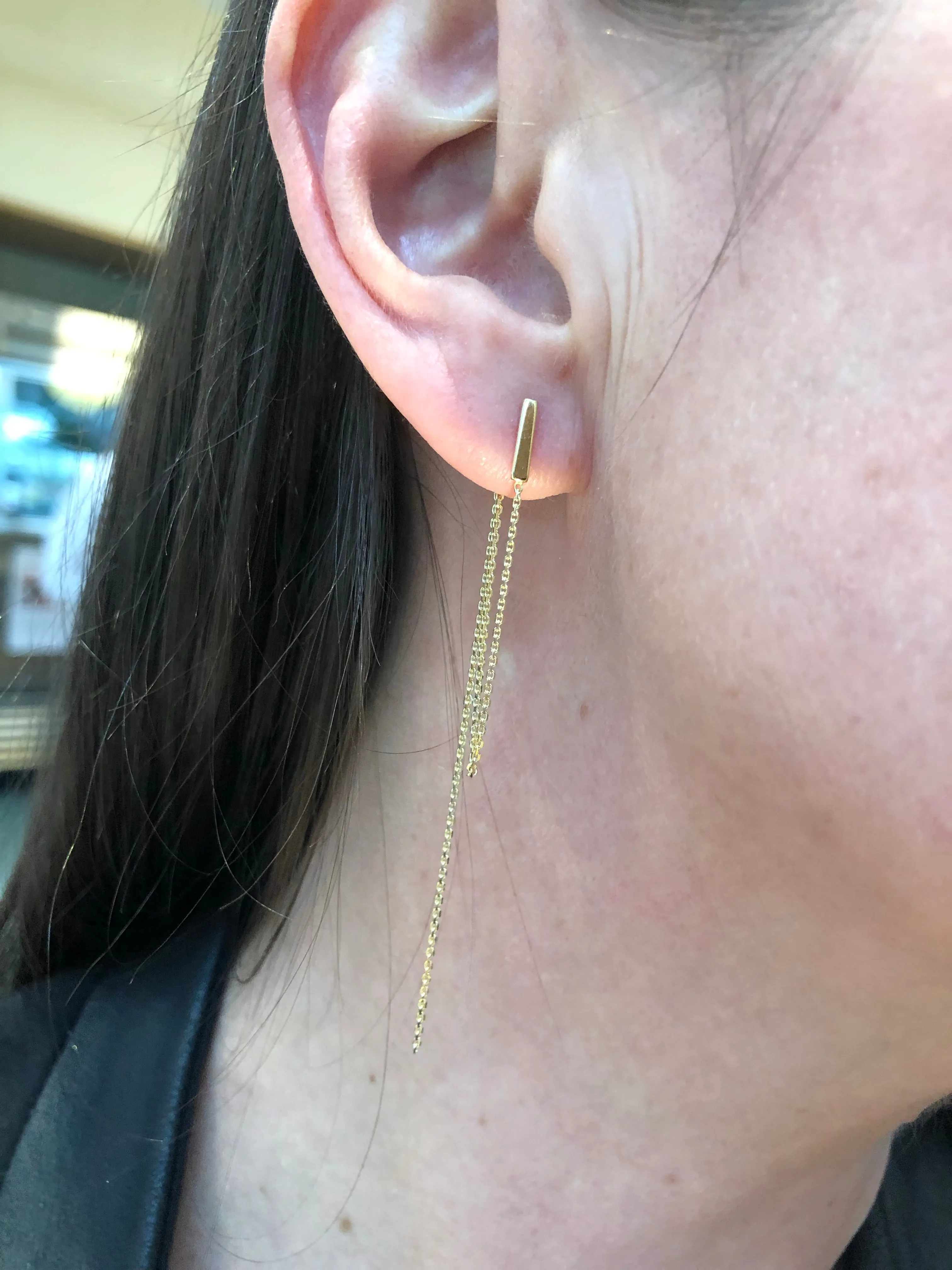 14K FRONT TO BACK BAR & HANGING CHAIN EARRINGS