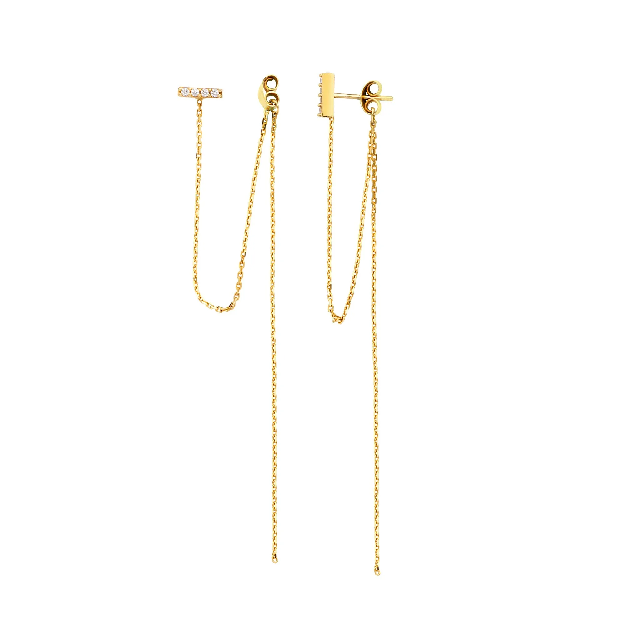 14K FRONT TO BACK BAR & HANGING CHAIN EARRINGS