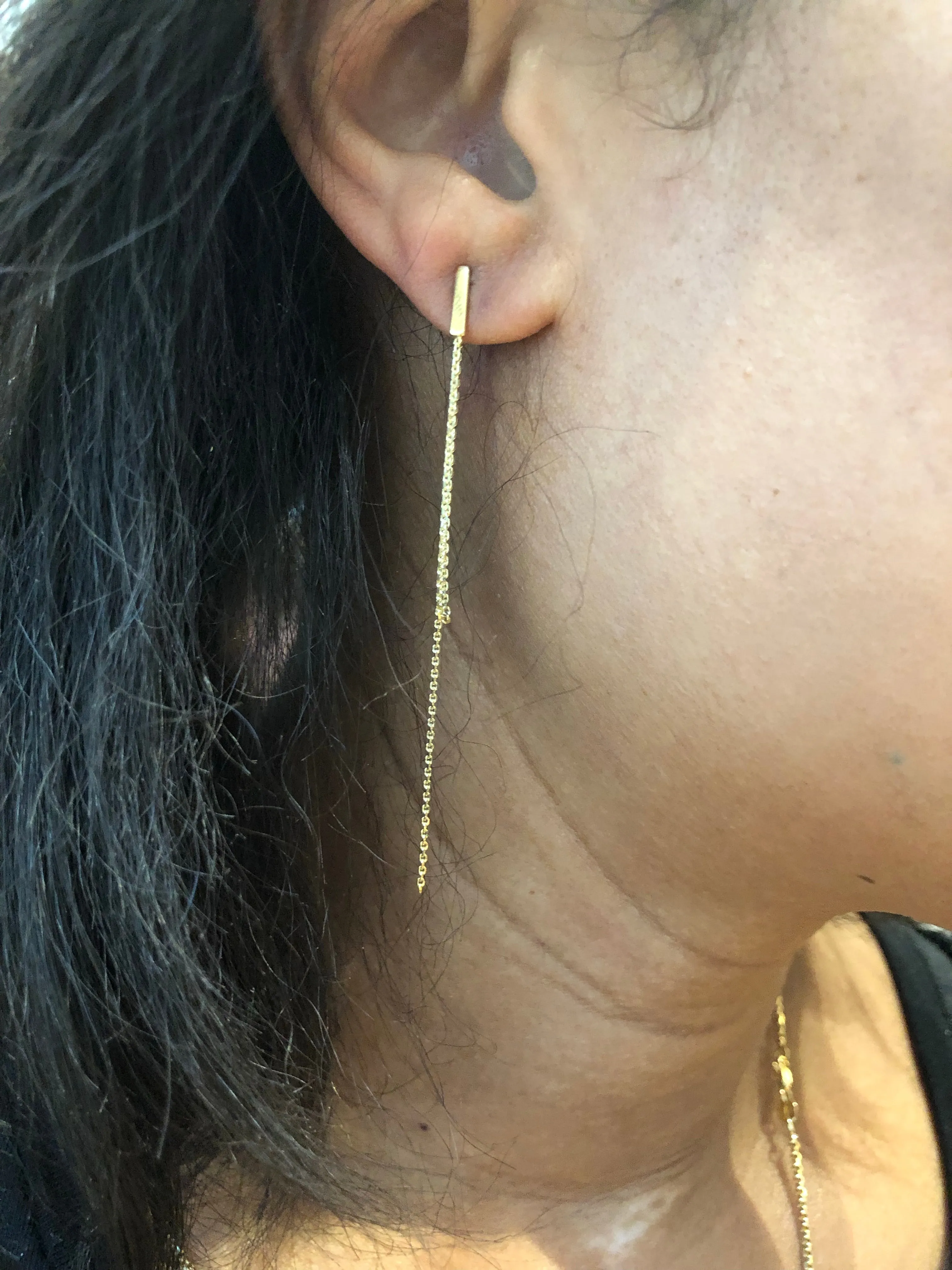 14K FRONT TO BACK BAR & HANGING CHAIN EARRINGS