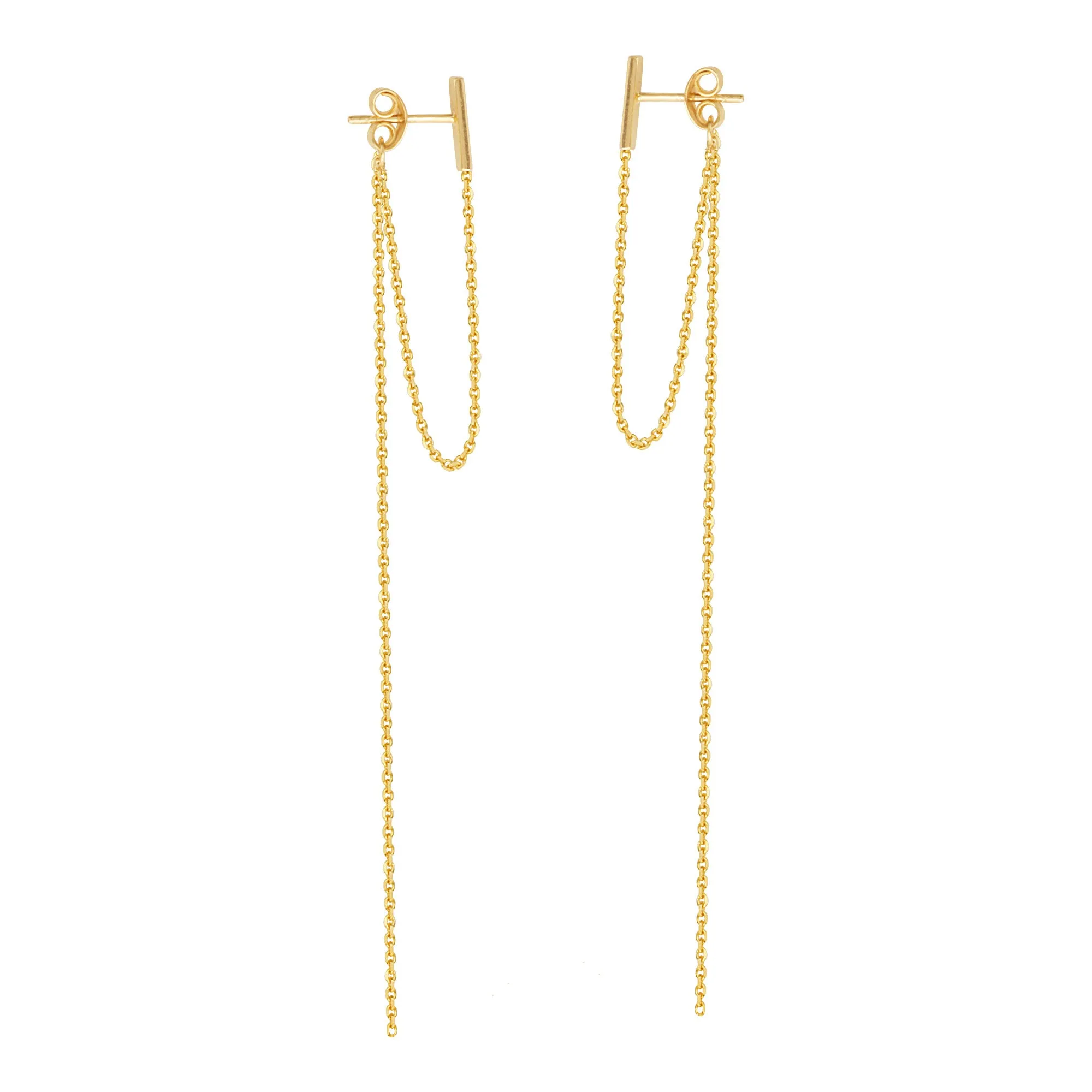 14K FRONT TO BACK BAR & HANGING CHAIN EARRINGS