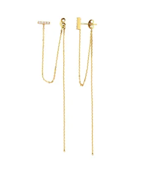 14K FRONT TO BACK BAR & HANGING CHAIN EARRINGS