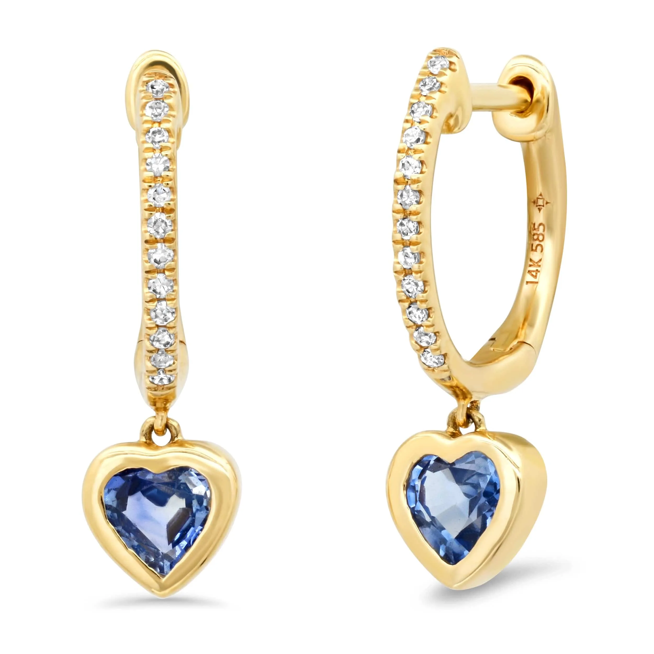 14K Gold and Diamond Blue Sapphire Heart Drop Hoops Earrings