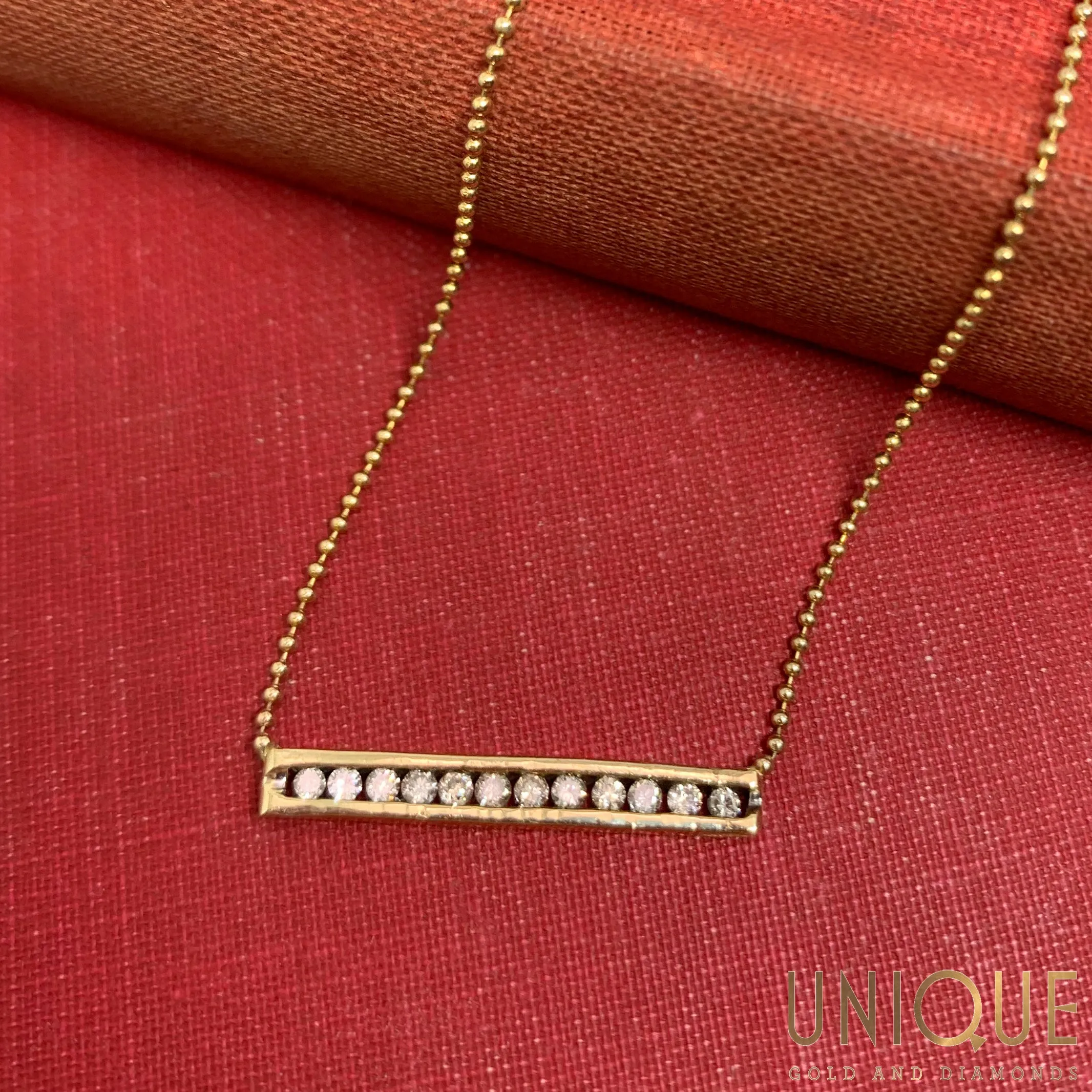 14k Gold Bar With Diamonds On 16 Inch Bead Chain