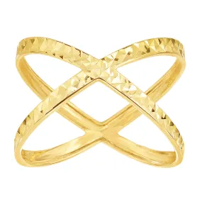 14K Yellow Gold Diamond Cut Cross Over X Design Fashion Ring