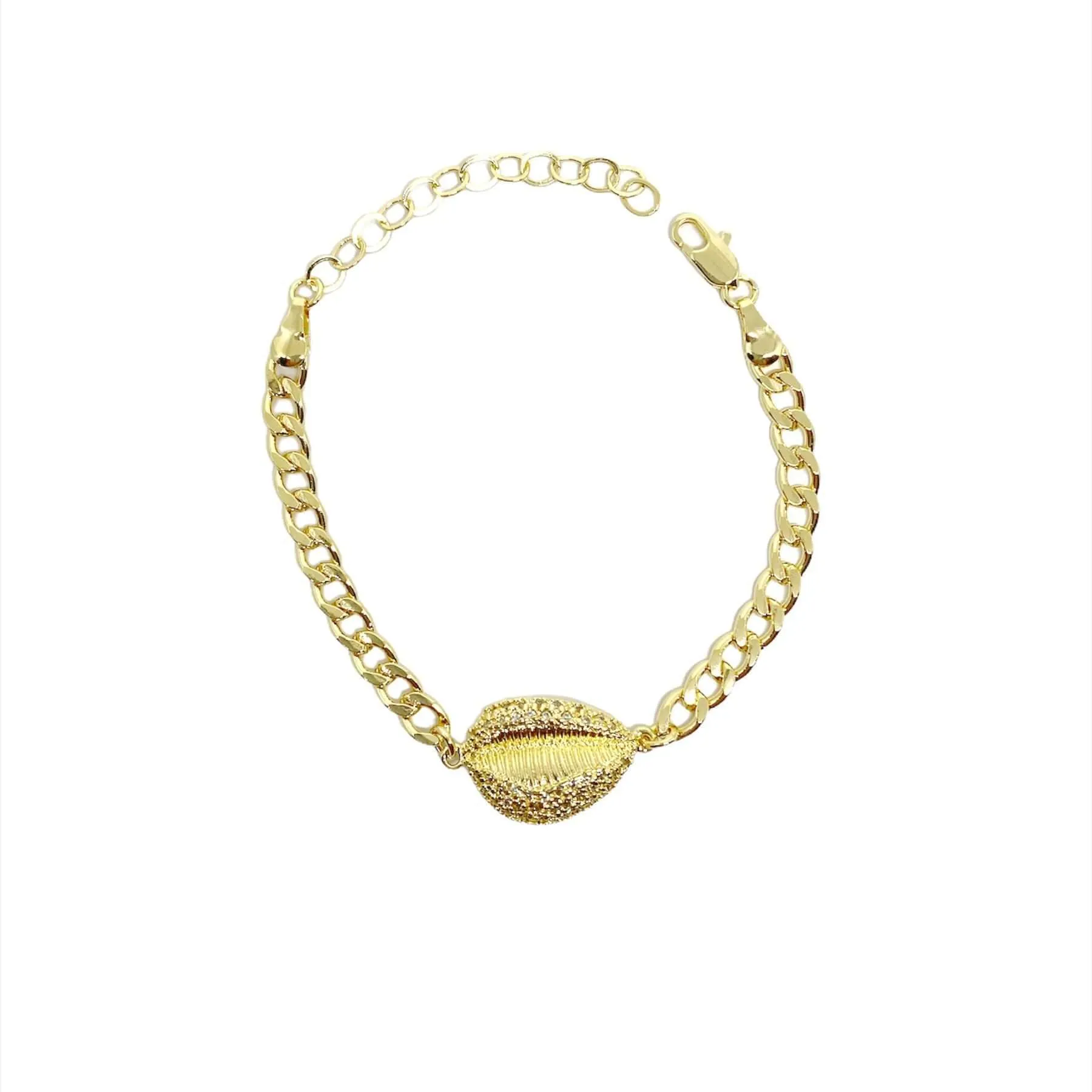 18k Gold Filled Cowrie Shell With Cubic Zirconia Detail In A Cuban Chain Bracelet