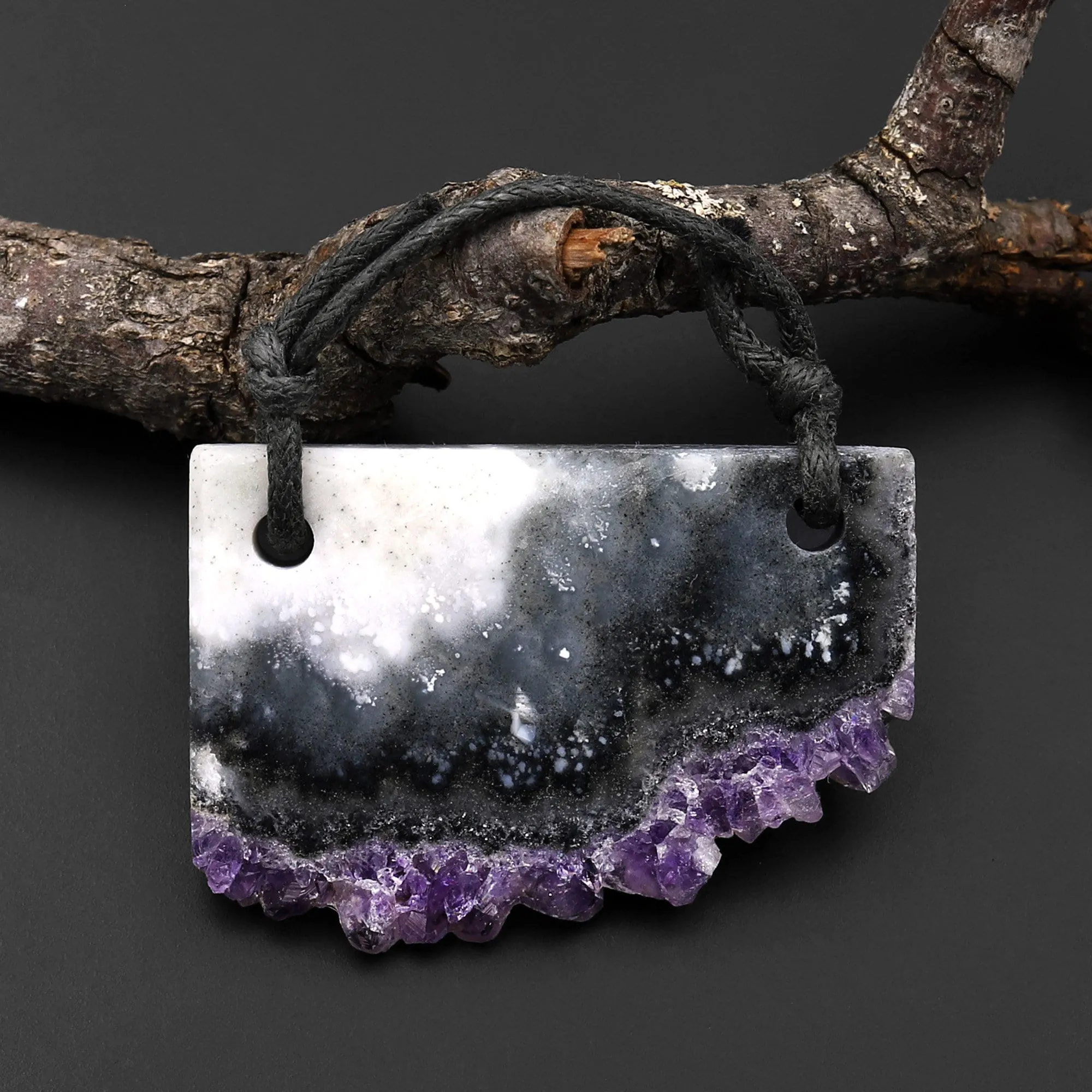 2 Hole Pendant Natural Purple Green Amethyst Stalactite Druzy Pendant Drilled Flat Slice Long Rectangle