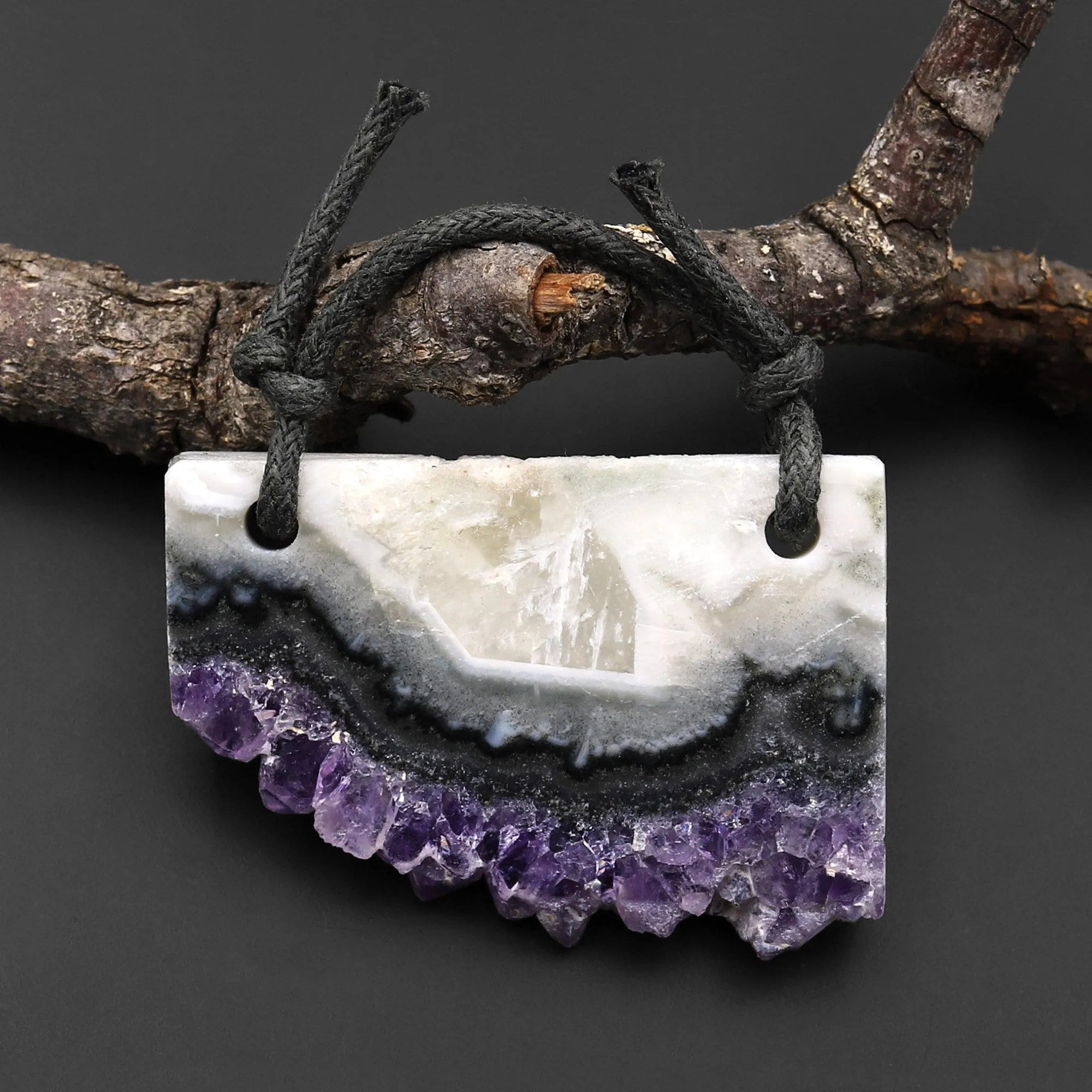 2 Hole Pendant Natural Purple Green Amethyst Stalactite Druzy Pendant Drilled Flat Slice Long Rectangle