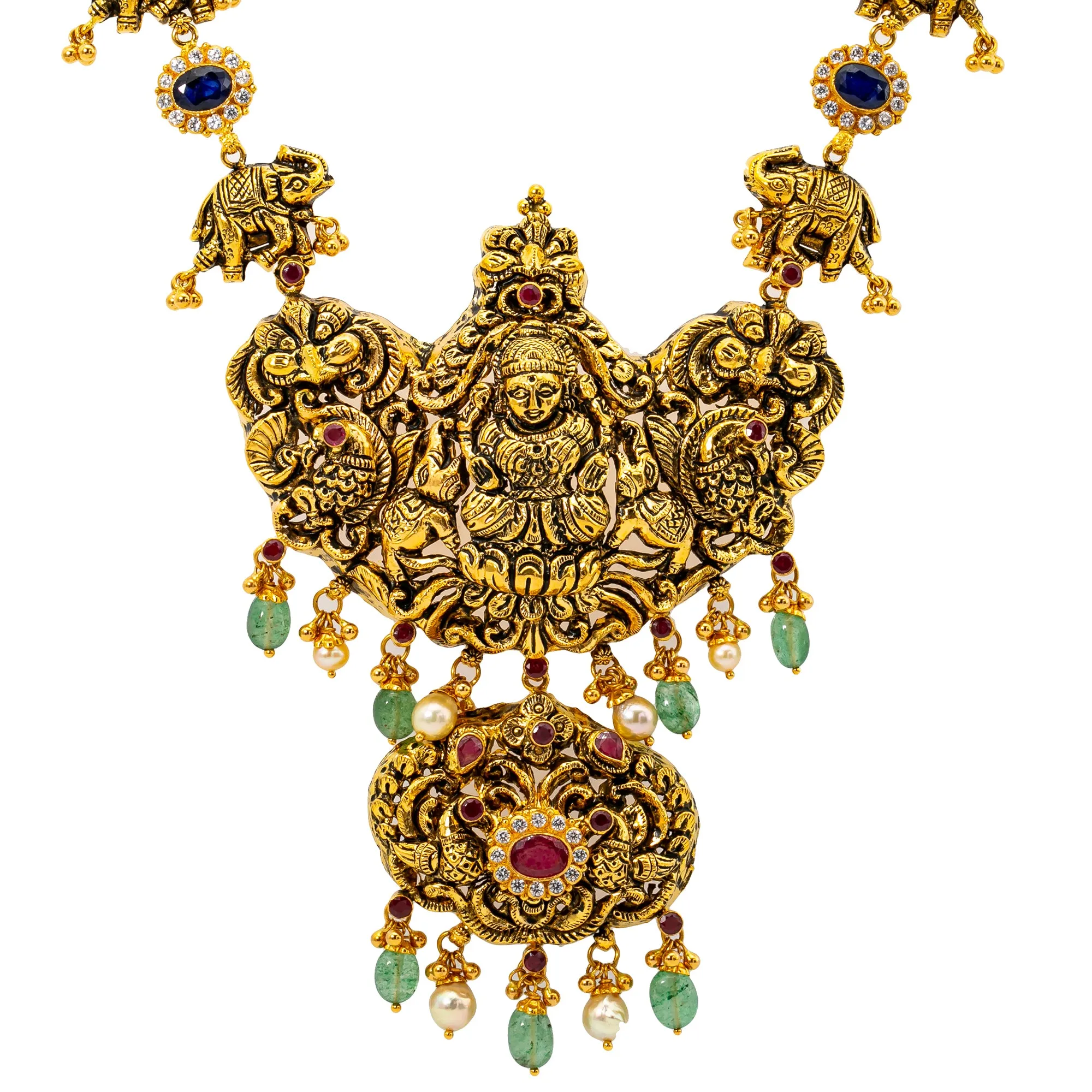 22K Antique Gold Goddess Laxmi Necklace w. Gems & Pearls (83.2 grams)