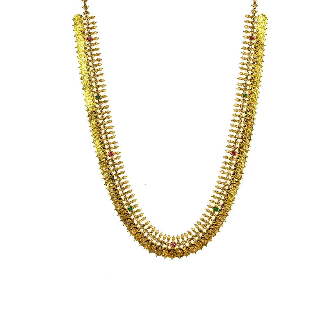 22K Yellow Gold Uncut Diamond laxmi Necklace Set W/ 11.94ct Uncut Diamonds, Rubies, Emeralds, Pearls & Laxmi Kasu