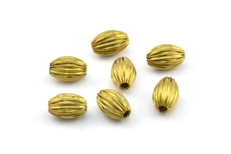 24 Vintage Raw Brass Crimped Textured (9x6mm) Oval Hollow Beads Y246