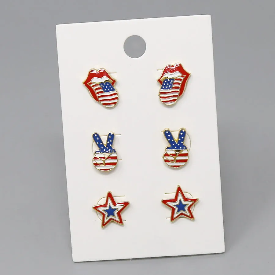 4th Of July American Flag Enamel Stud Earring Set