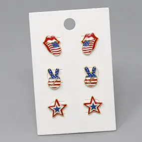 4th Of July American Flag Enamel Stud Earring Set