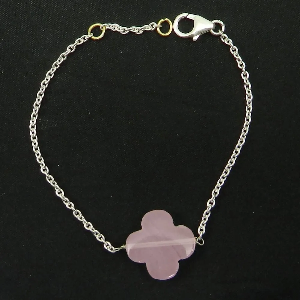 925 Sterling Silver Rose Chalcedony Clover Shape 7 " Link Chain Bracelet Jewelry