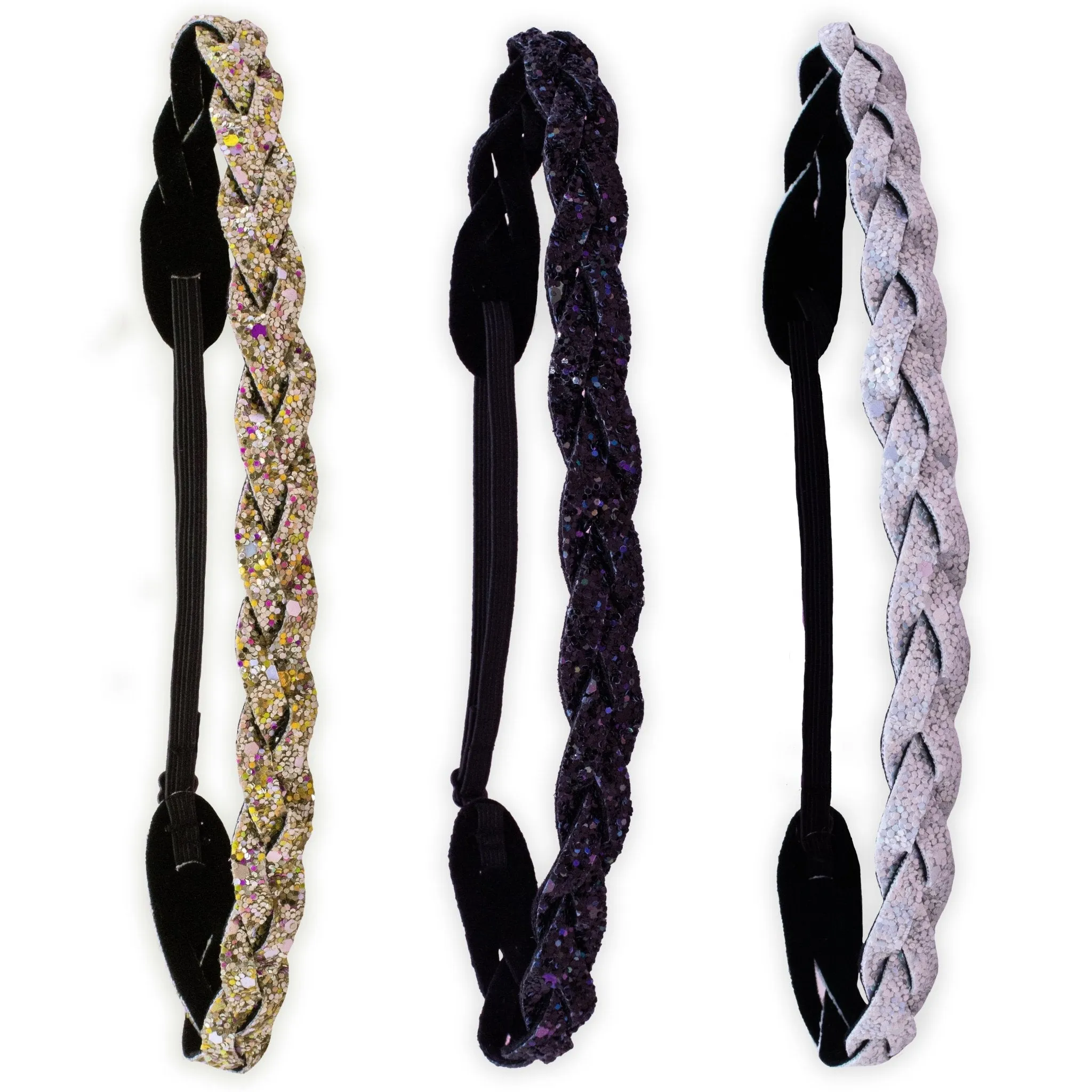 Adjustable No Slip Braided Glitter Headbands - 3 Pack