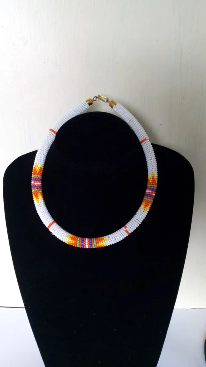 African beaded white rope necklace, Tribal Zulu necklace, Maasai jewelry