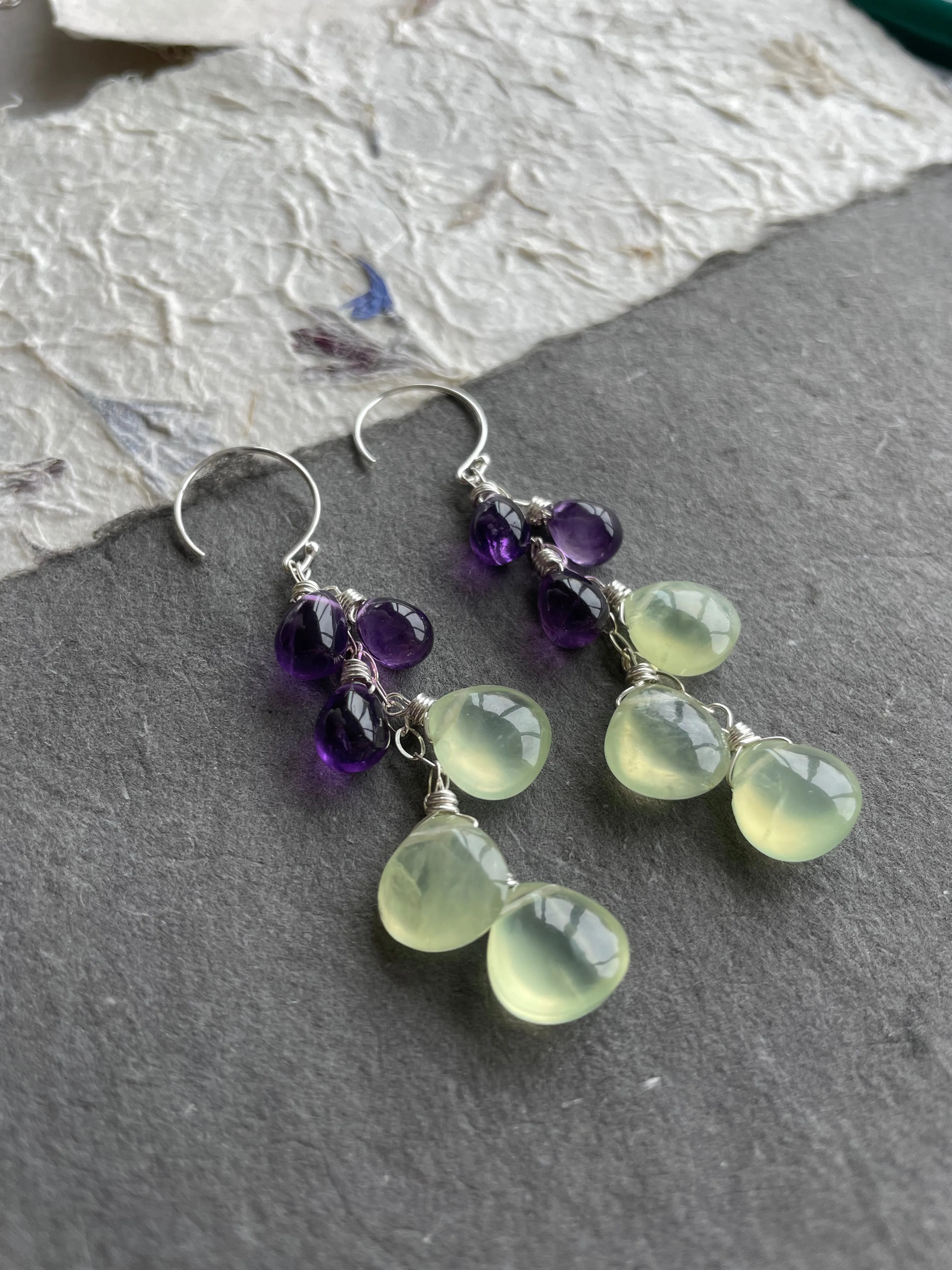 Amethyst and Prehnite Cascade earrings, earwire options