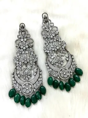 Anarkali Green , Zircon Diamond Long earrings in  Victorian Black finish With Green Beads Hanging with back clip support-SANDY001