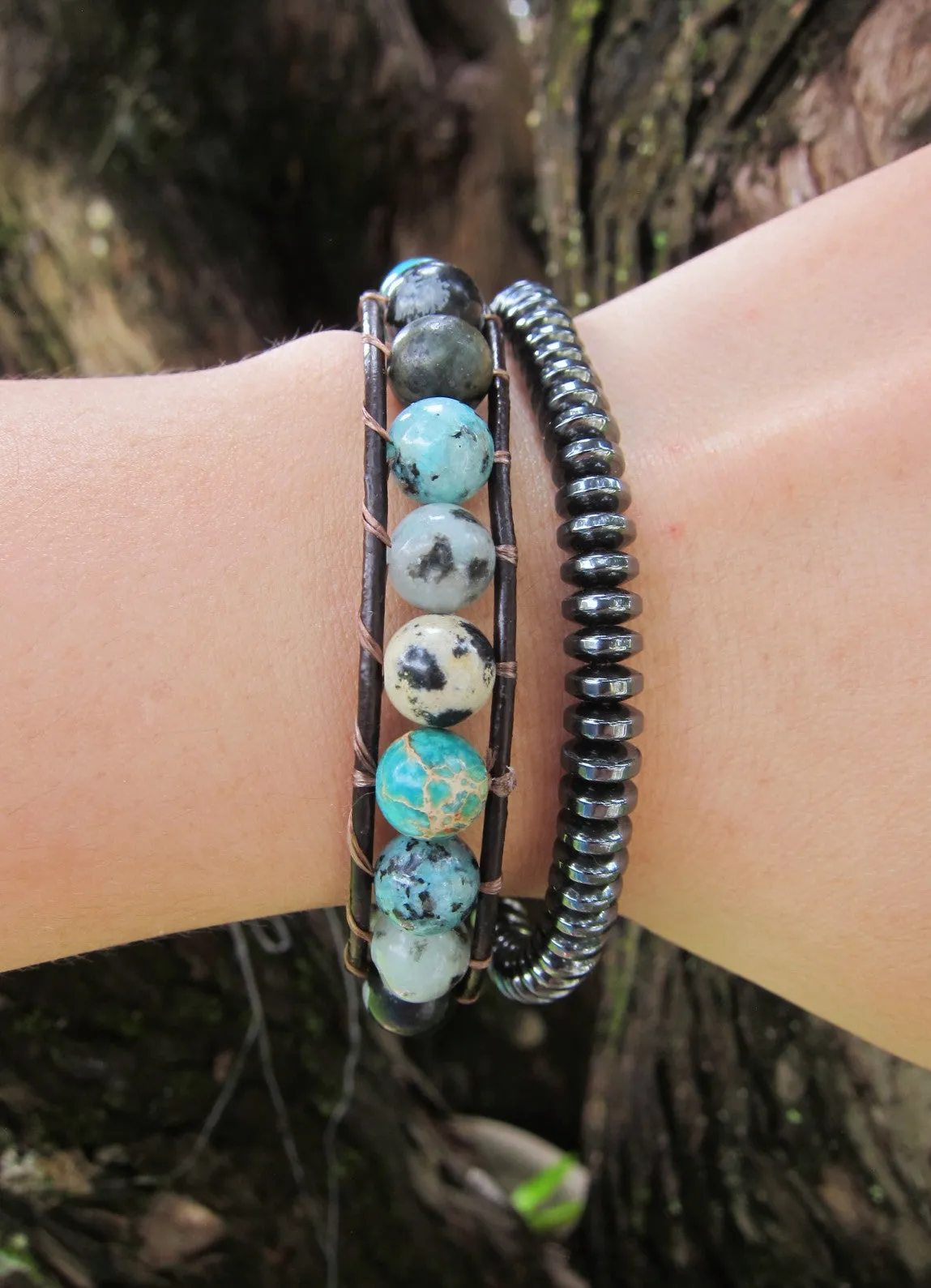 Aqua Blue Mix Jasper Single Beaded Wrap Bracelet