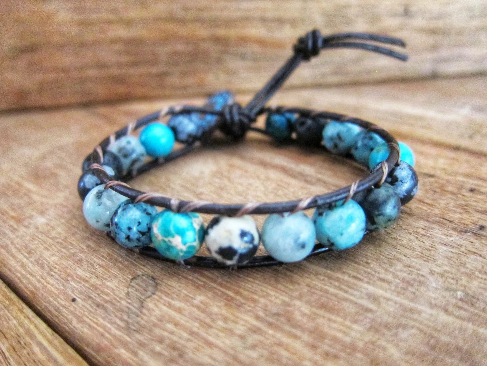 Aqua Blue Mix Jasper Single Beaded Wrap Bracelet