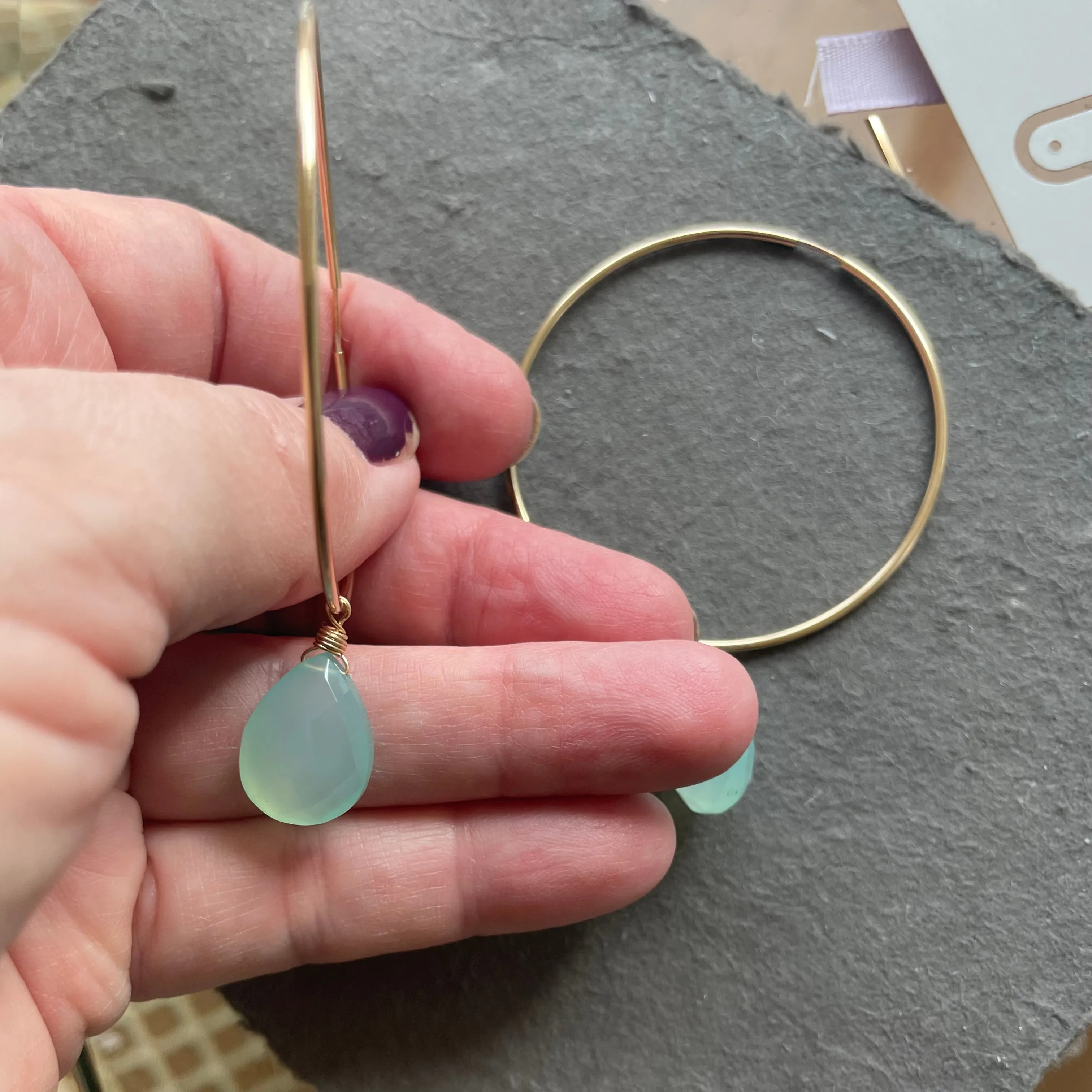 Aqua Chalcedony sliders and 14k Gold Filled Endless Hoop Earrings