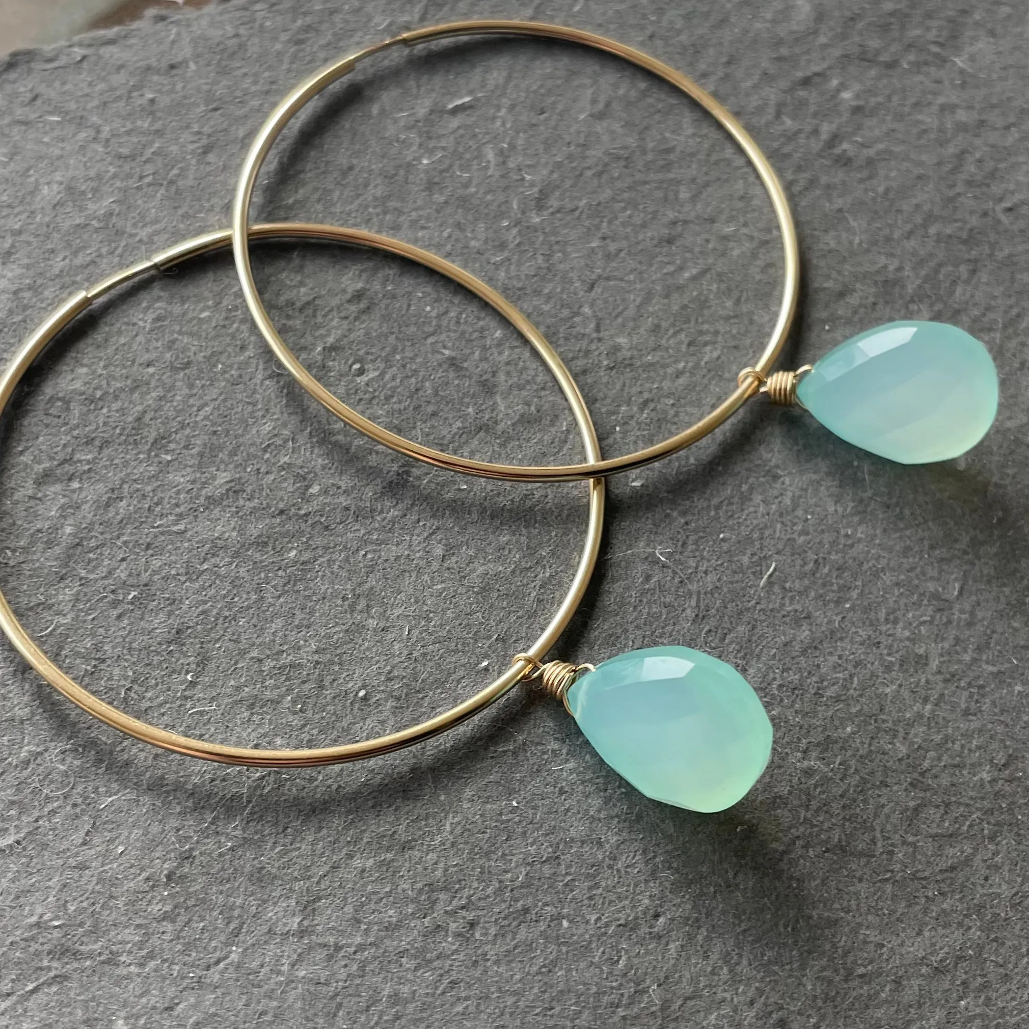 Aqua Chalcedony sliders and 14k Gold Filled Endless Hoop Earrings