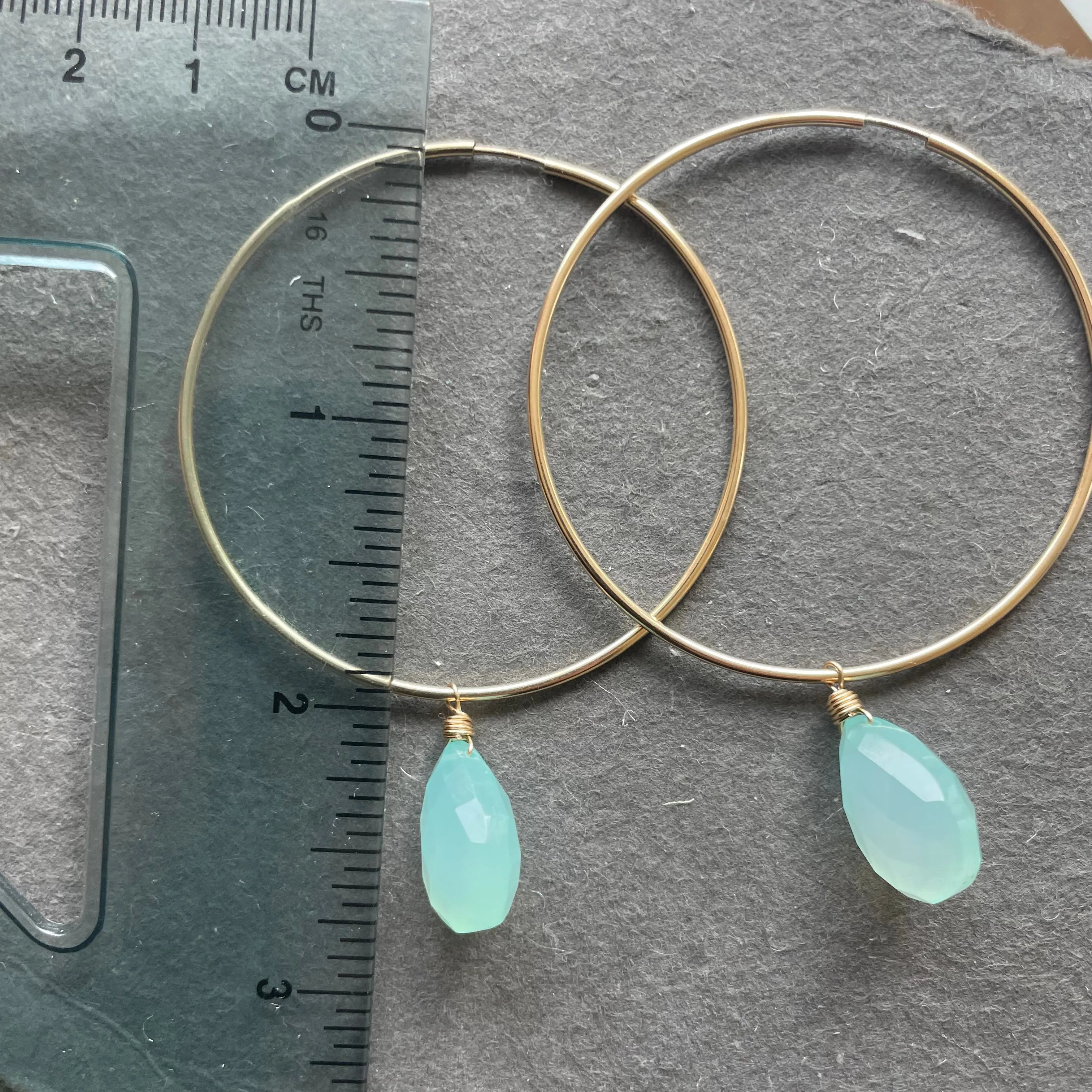 Aqua Chalcedony sliders and 14k Gold Filled Endless Hoop Earrings