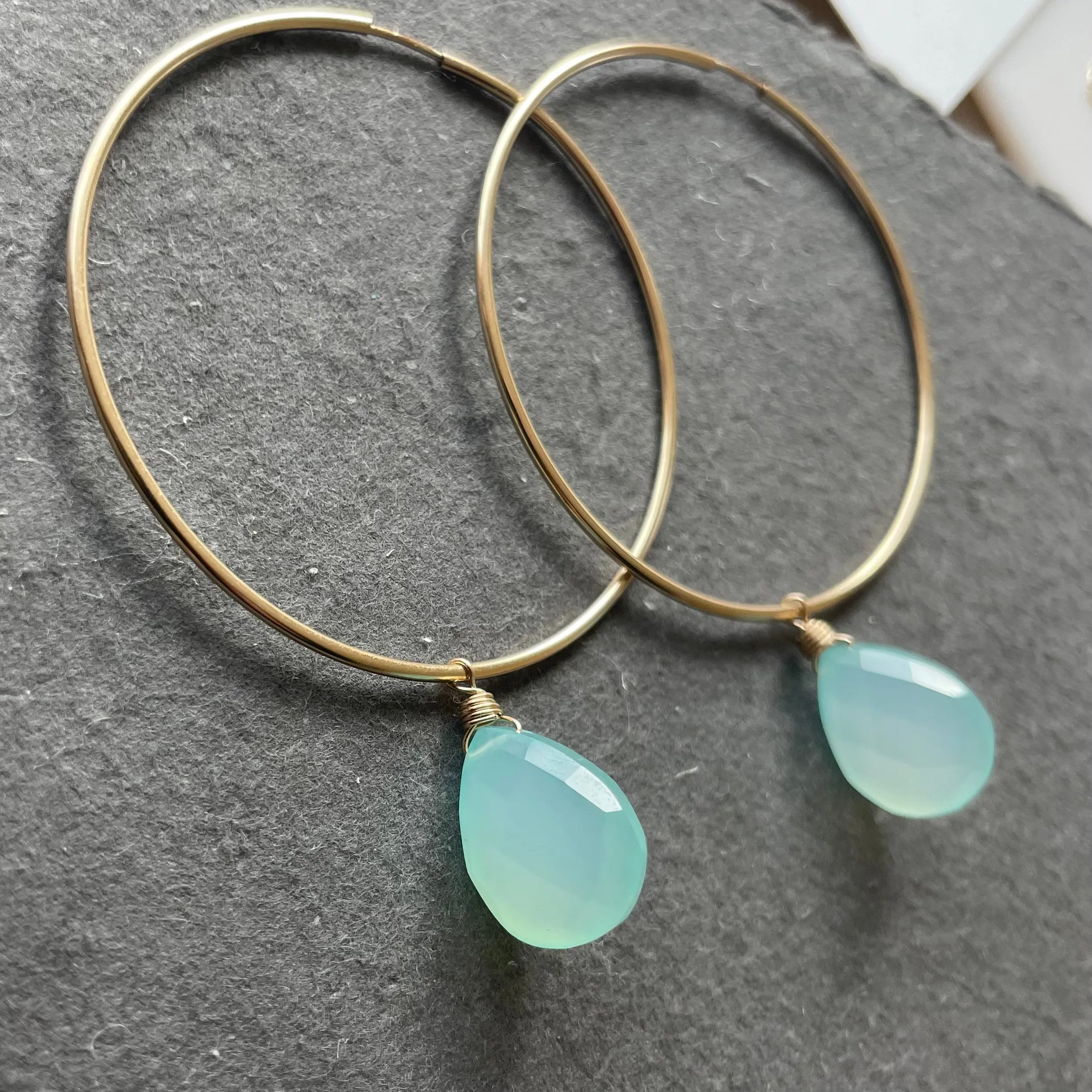 Aqua Chalcedony sliders and 14k Gold Filled Endless Hoop Earrings