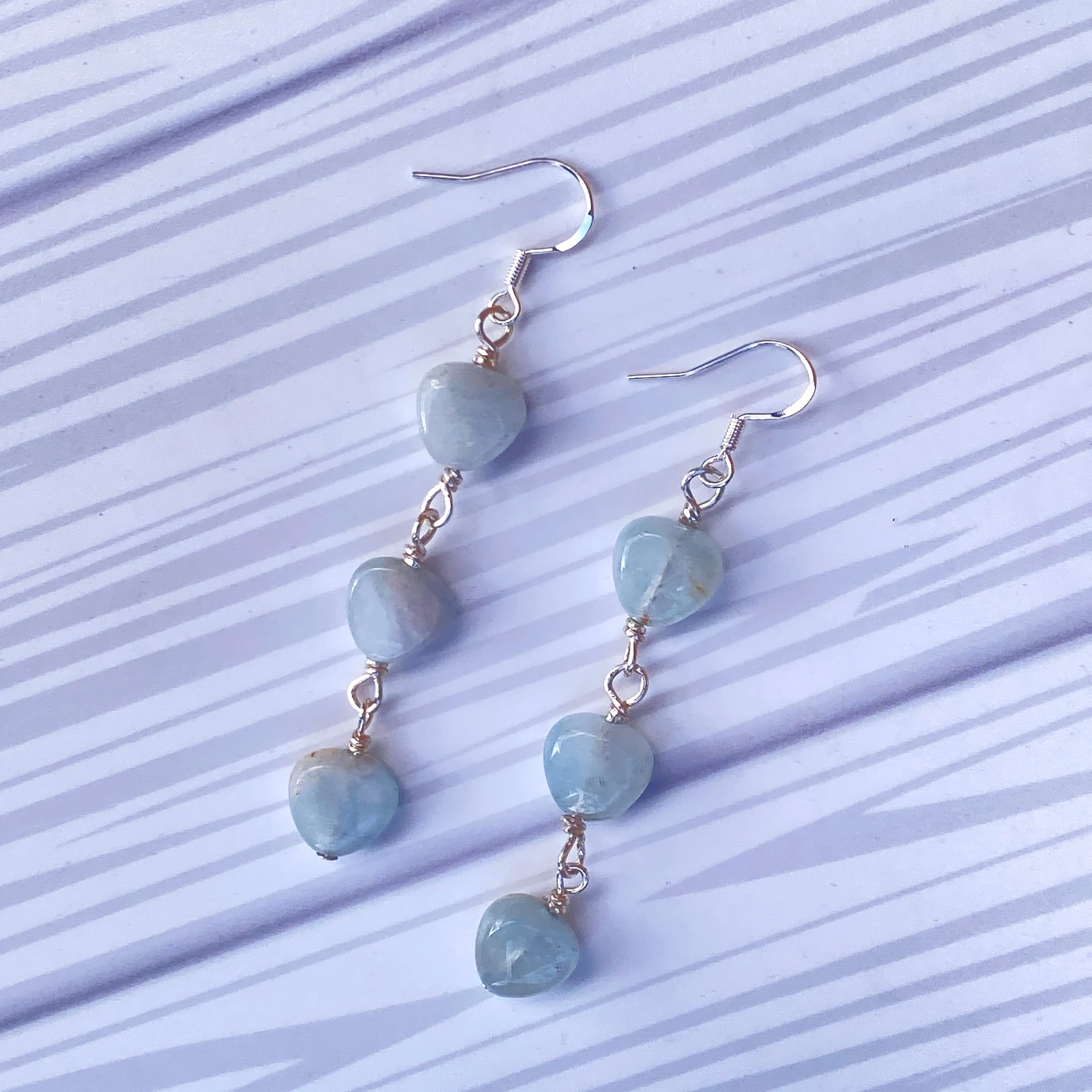 Aquamarine Triple Heart Dangle Earrings