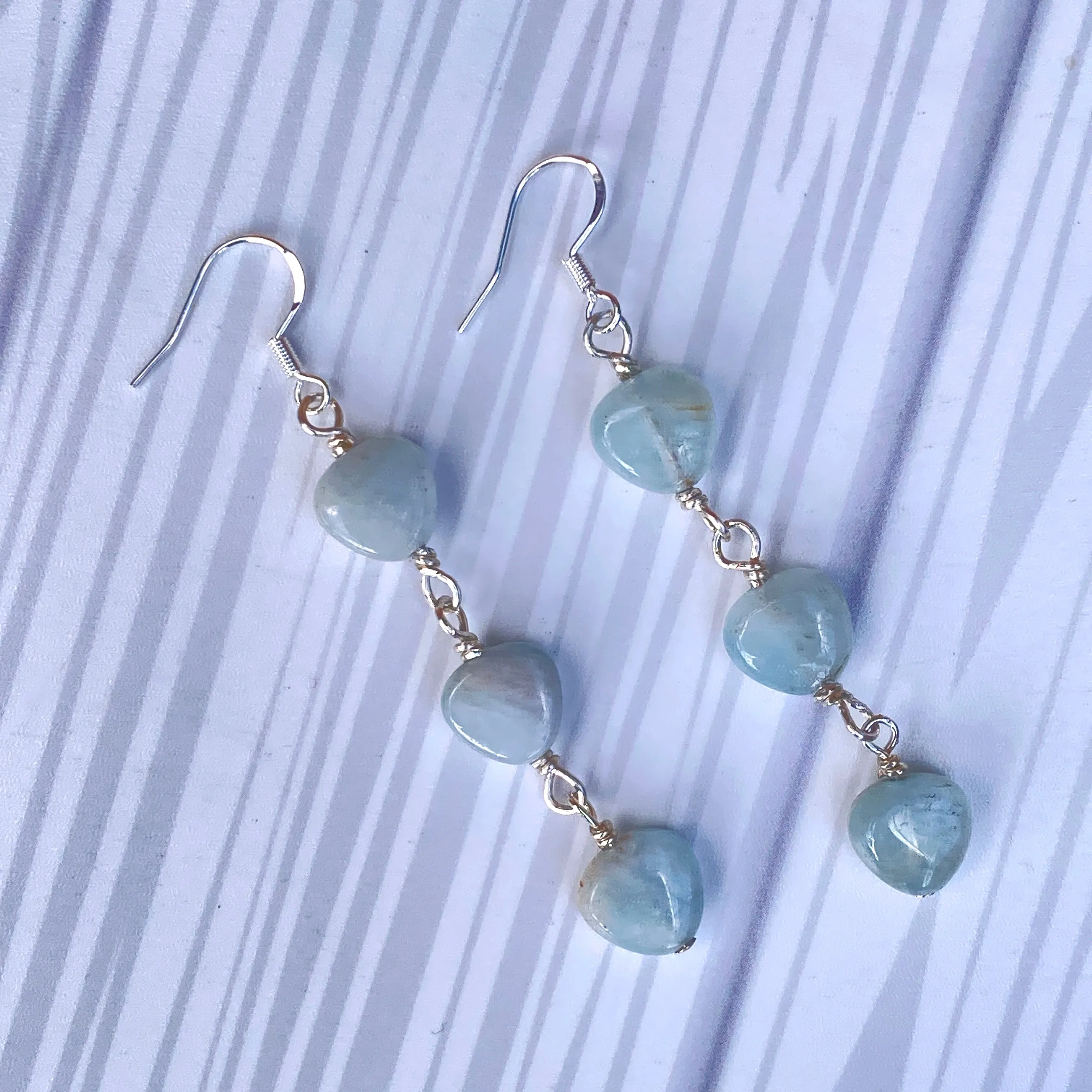 Aquamarine Triple Heart Dangle Earrings