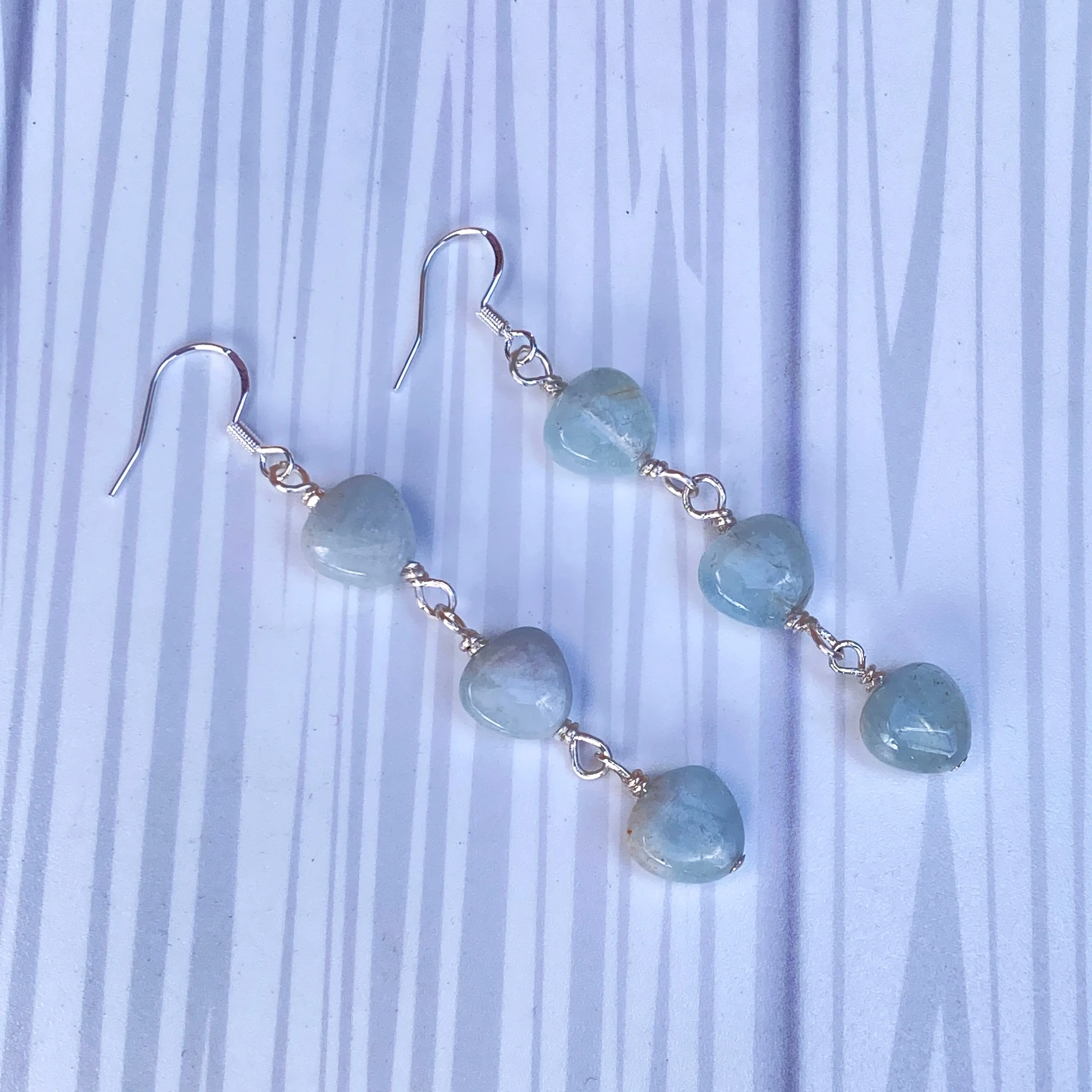 Aquamarine Triple Heart Dangle Earrings