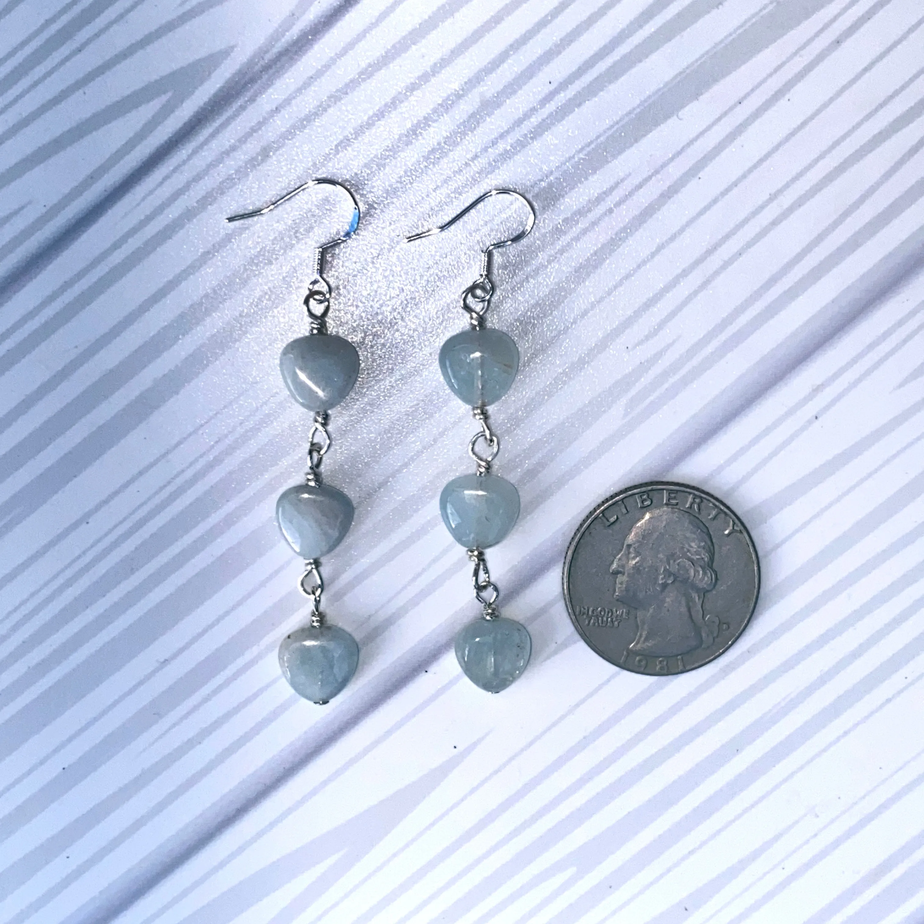 Aquamarine Triple Heart Dangle Earrings