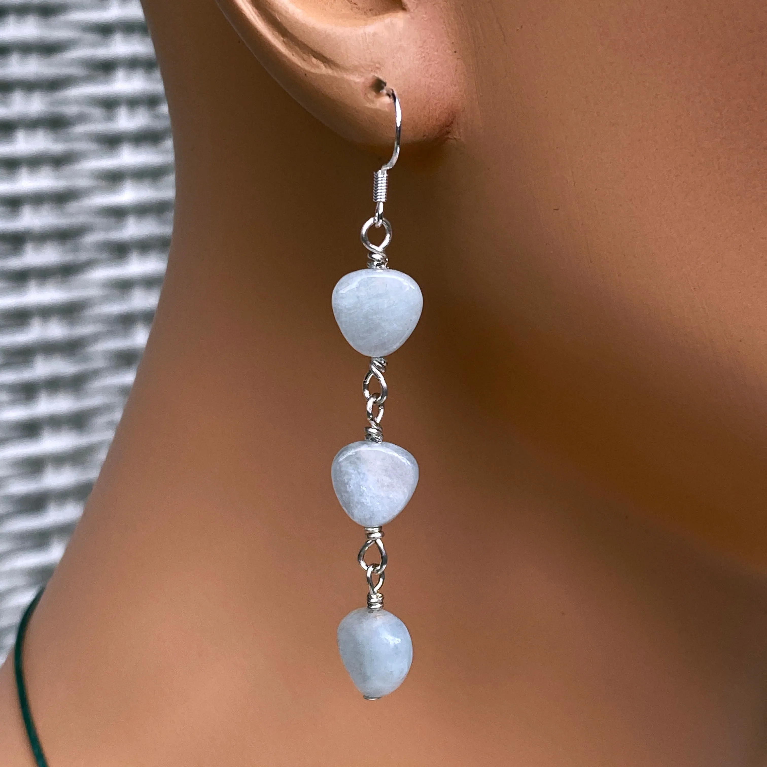 Aquamarine Triple Heart Dangle Earrings