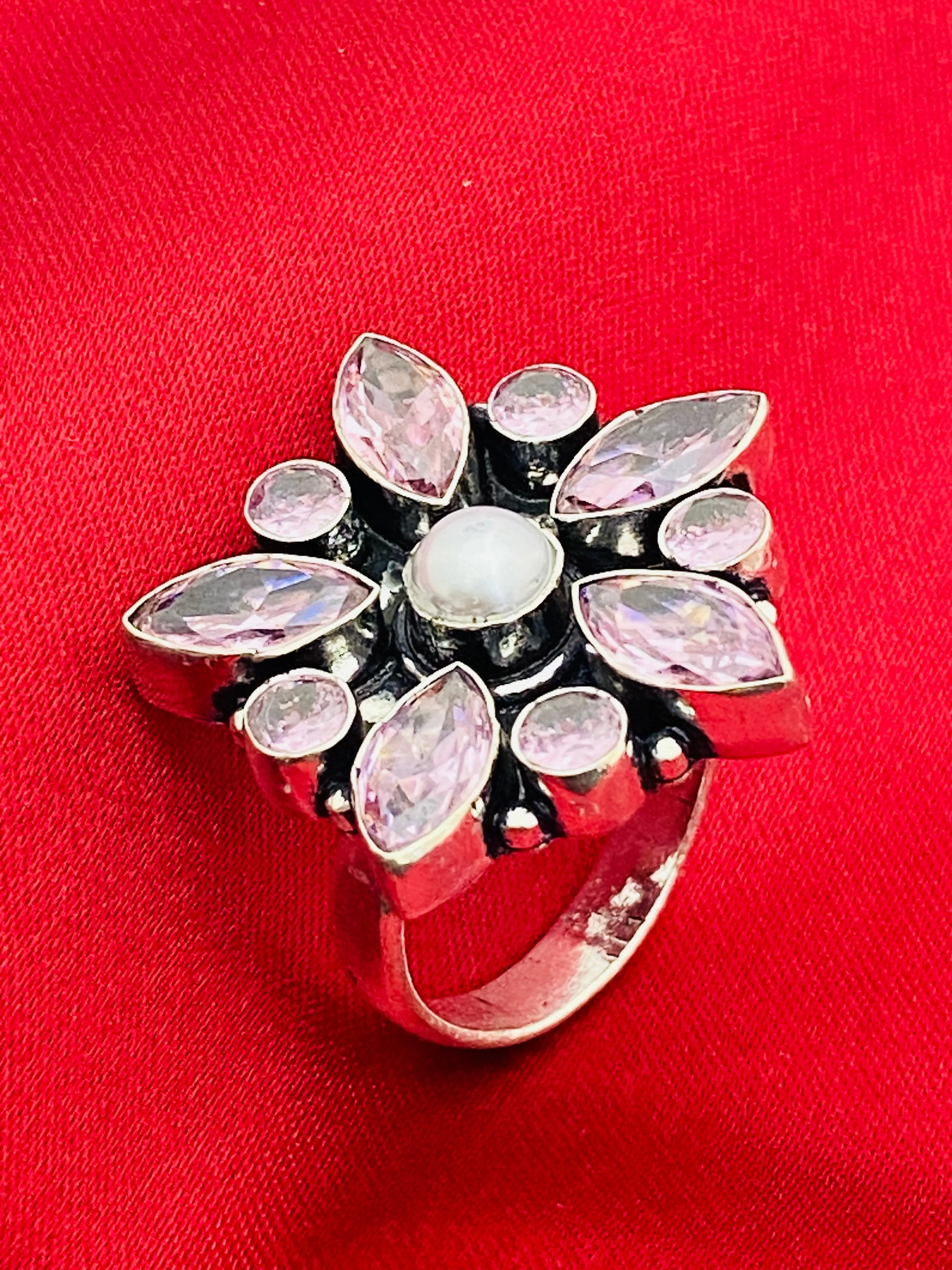 Attractive Bright Pink Cherry Blossom Flower Designed Wedding Decoration Ring With Pearl Bead