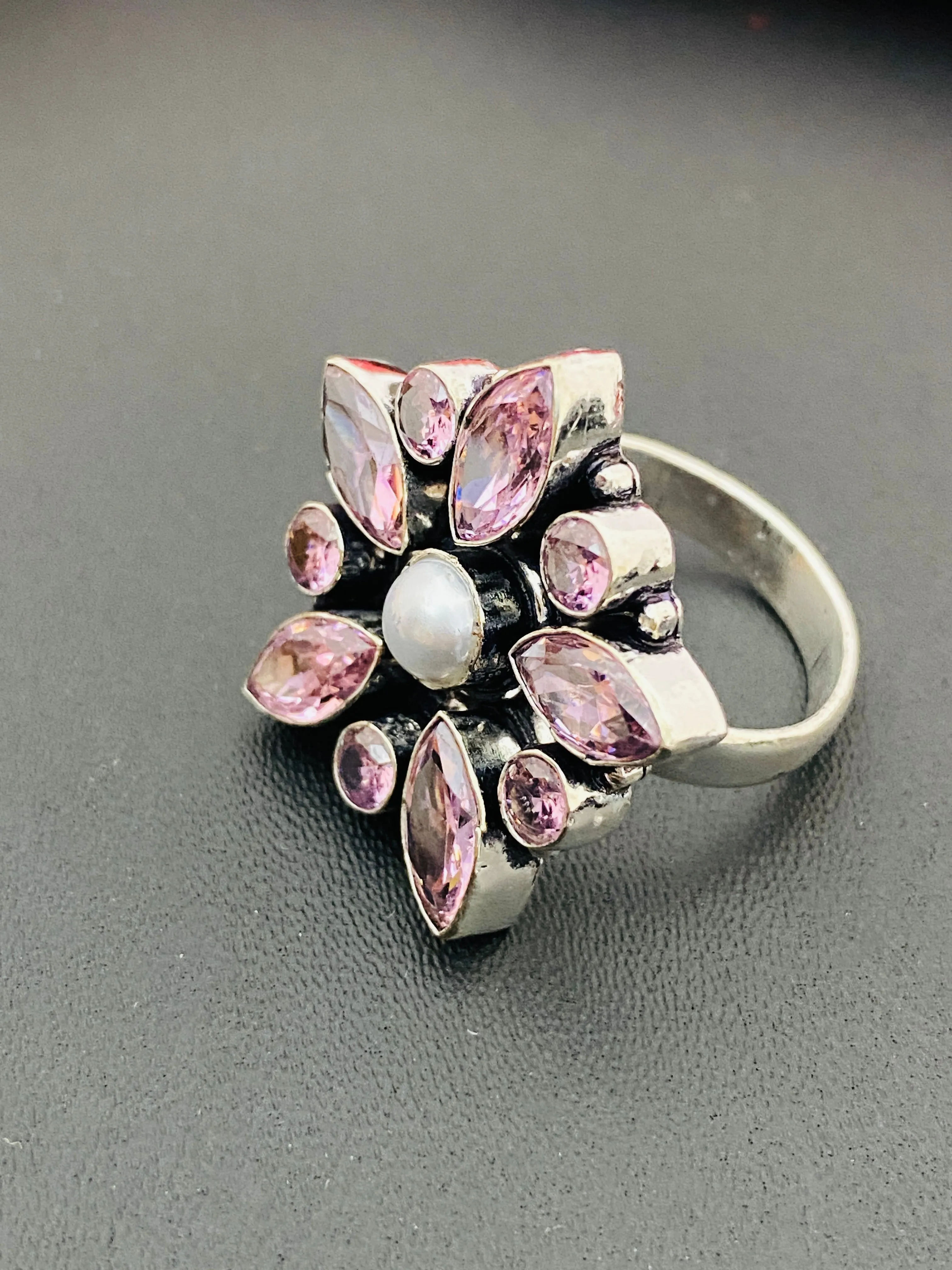 Attractive Bright Pink Cherry Blossom Flower Designed Wedding Decoration Ring With Pearl Bead