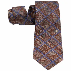 BEIGE LEAFS ON MAROON WITH MID BLUE OVERCHECK SILK TIE