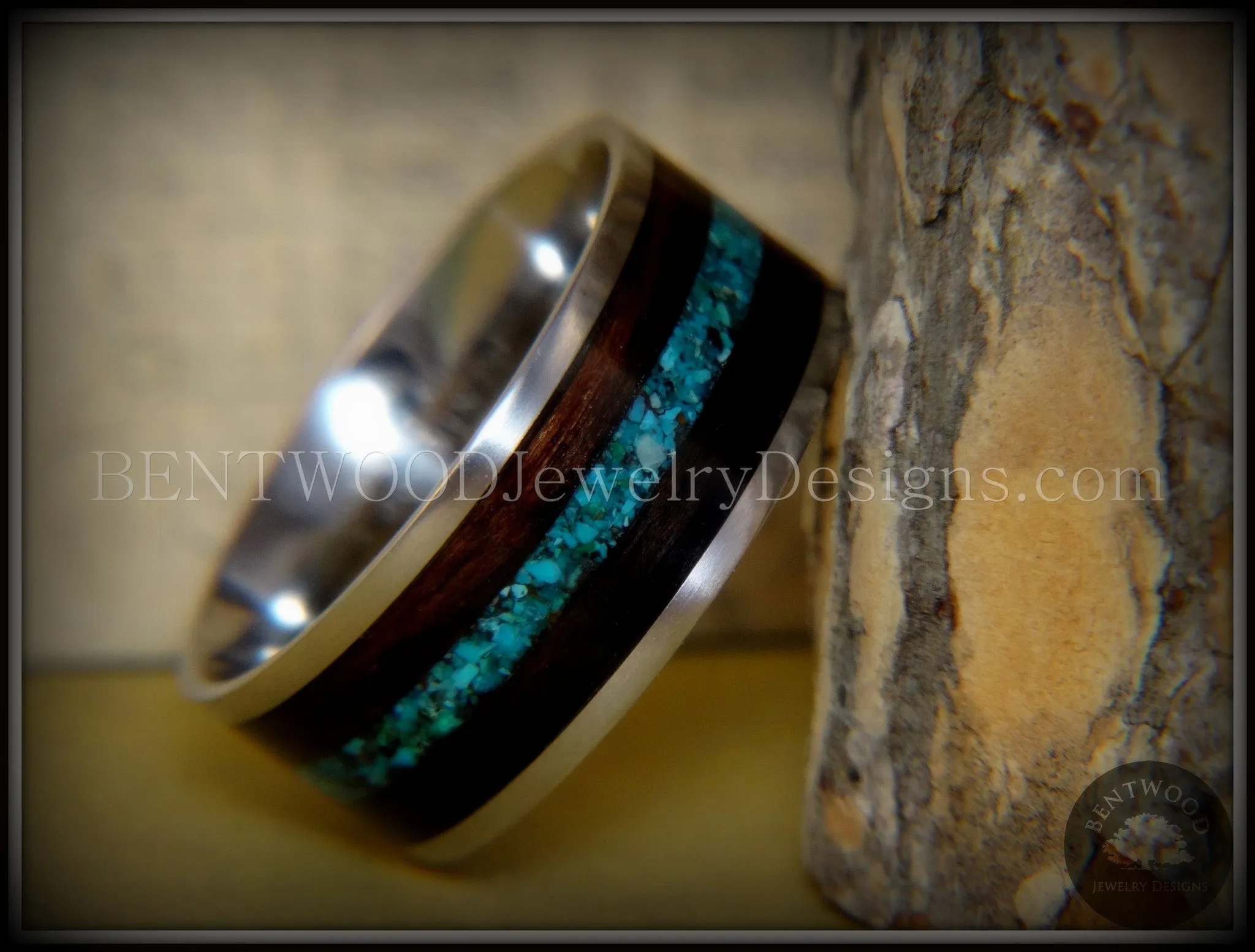 Bentwood Ring - Ebony with Chrysocolla Inlay on Surgical Grade Stainless Steel Comfort Fit Metal Core