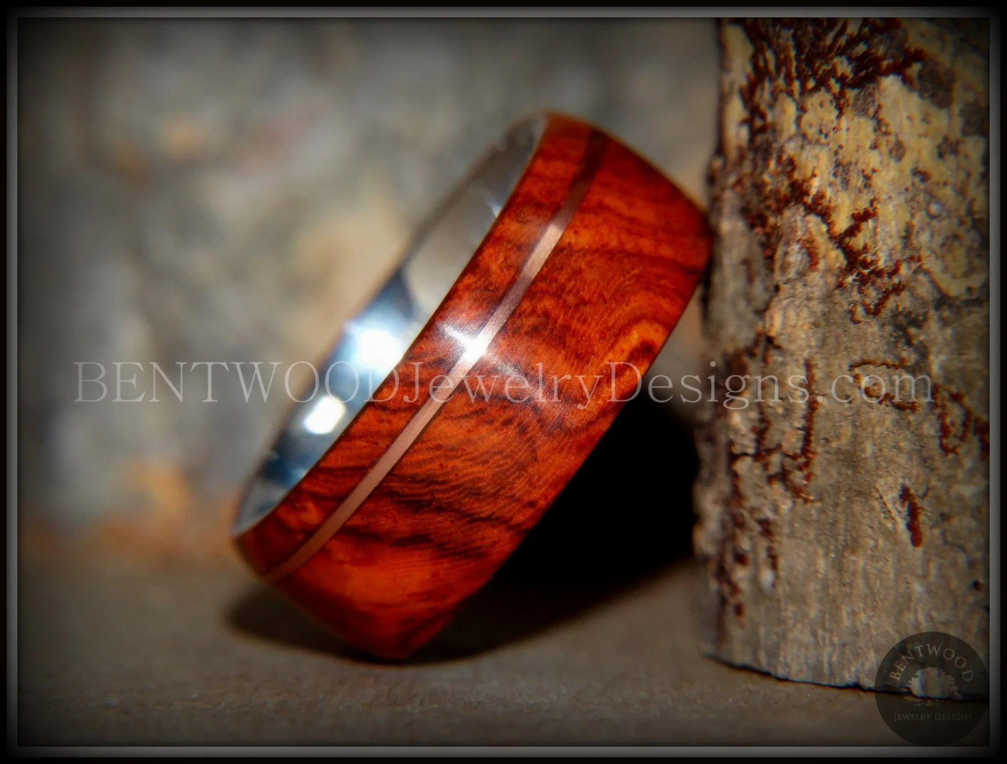 Bentwood Ring - Rarity Amboyna Burl Wood Ring on 316L Stainless Steel Comfort Fit Core Copper Inlay