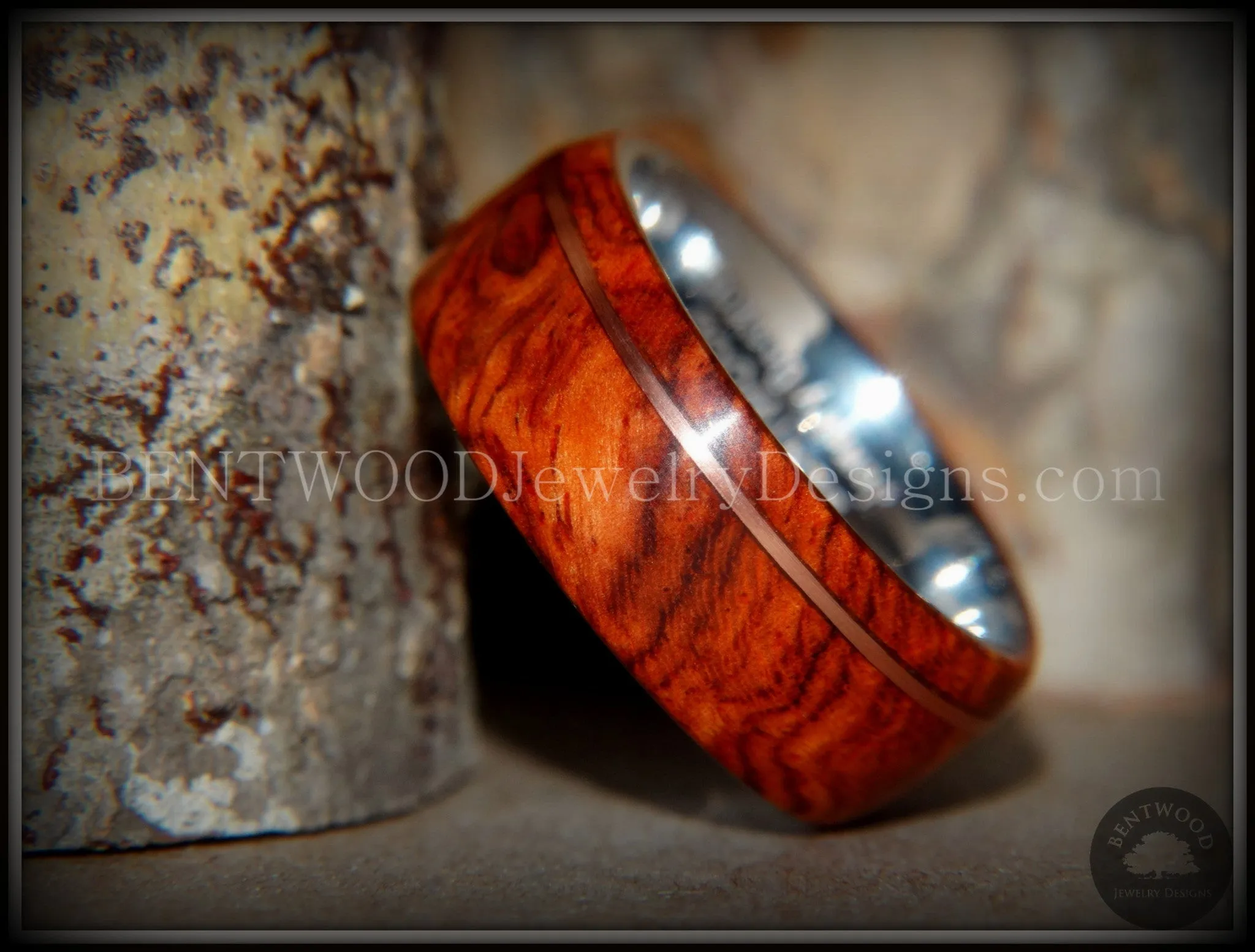 Bentwood Ring - Rarity Amboyna Burl Wood Ring on 316L Stainless Steel Comfort Fit Core Copper Inlay