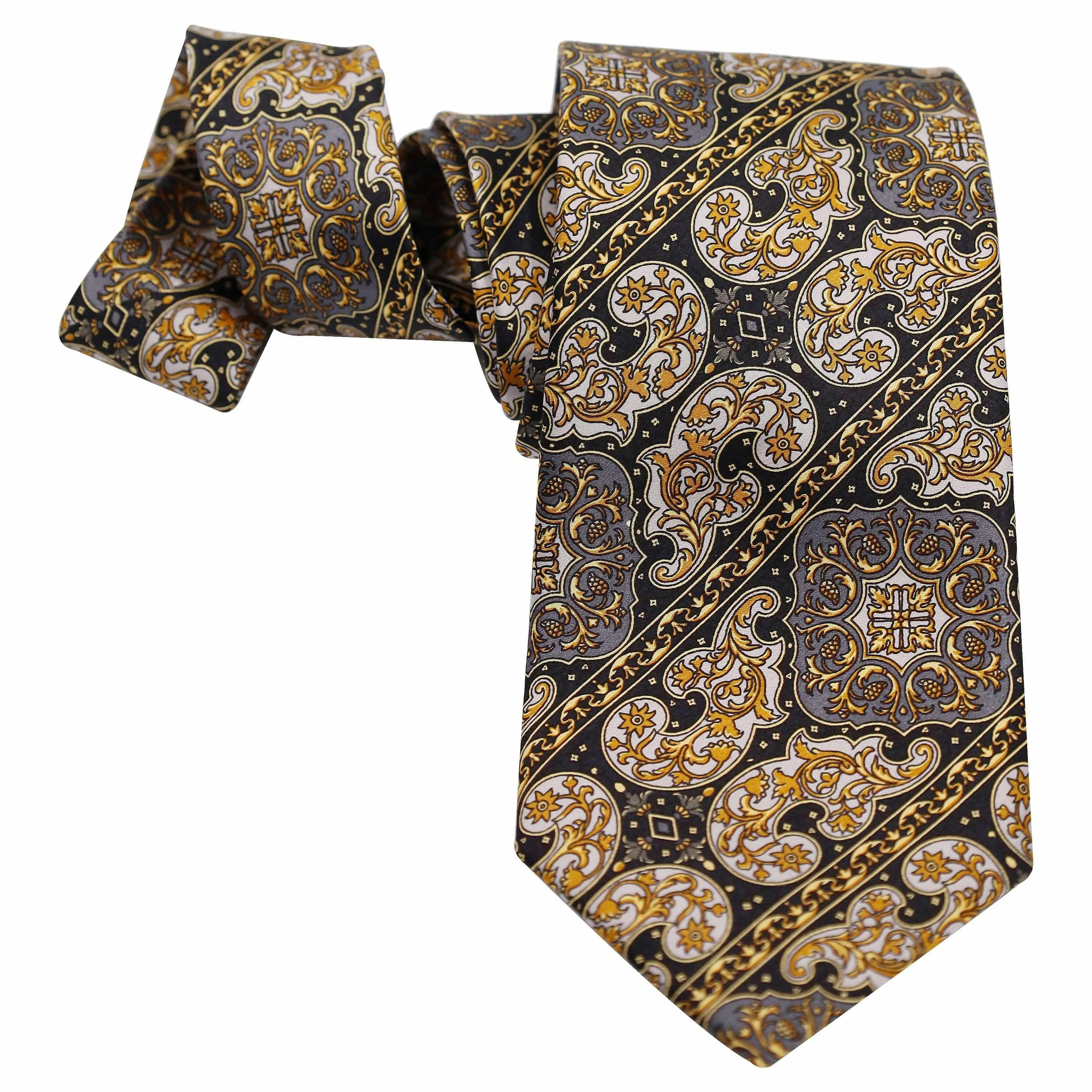 BLACK GOLD AND WHITE PAISLEY STRIPE SILK TIE