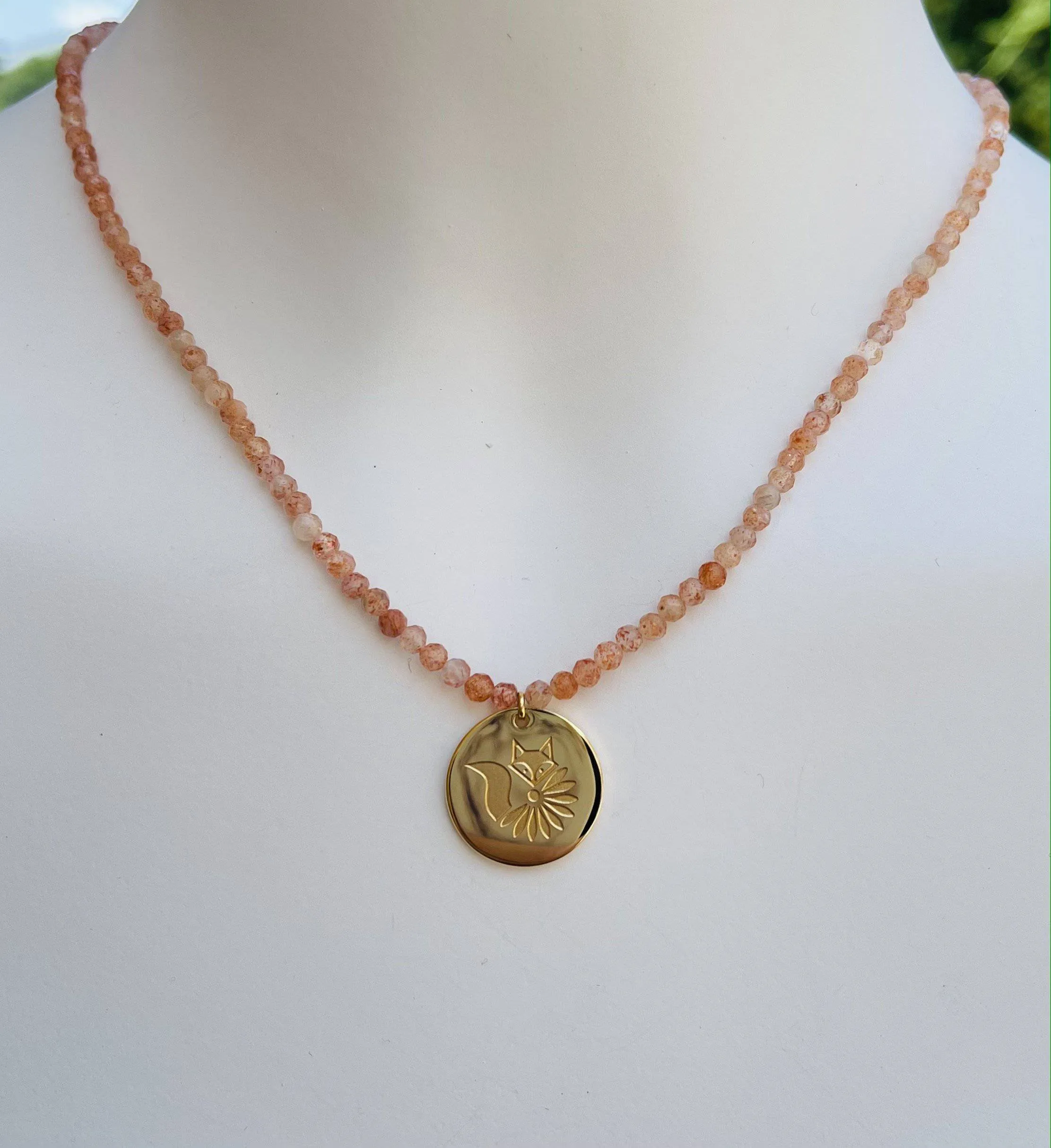 Blake Beaded Gemstone Necklace with Lucky Coin Fox Medallion