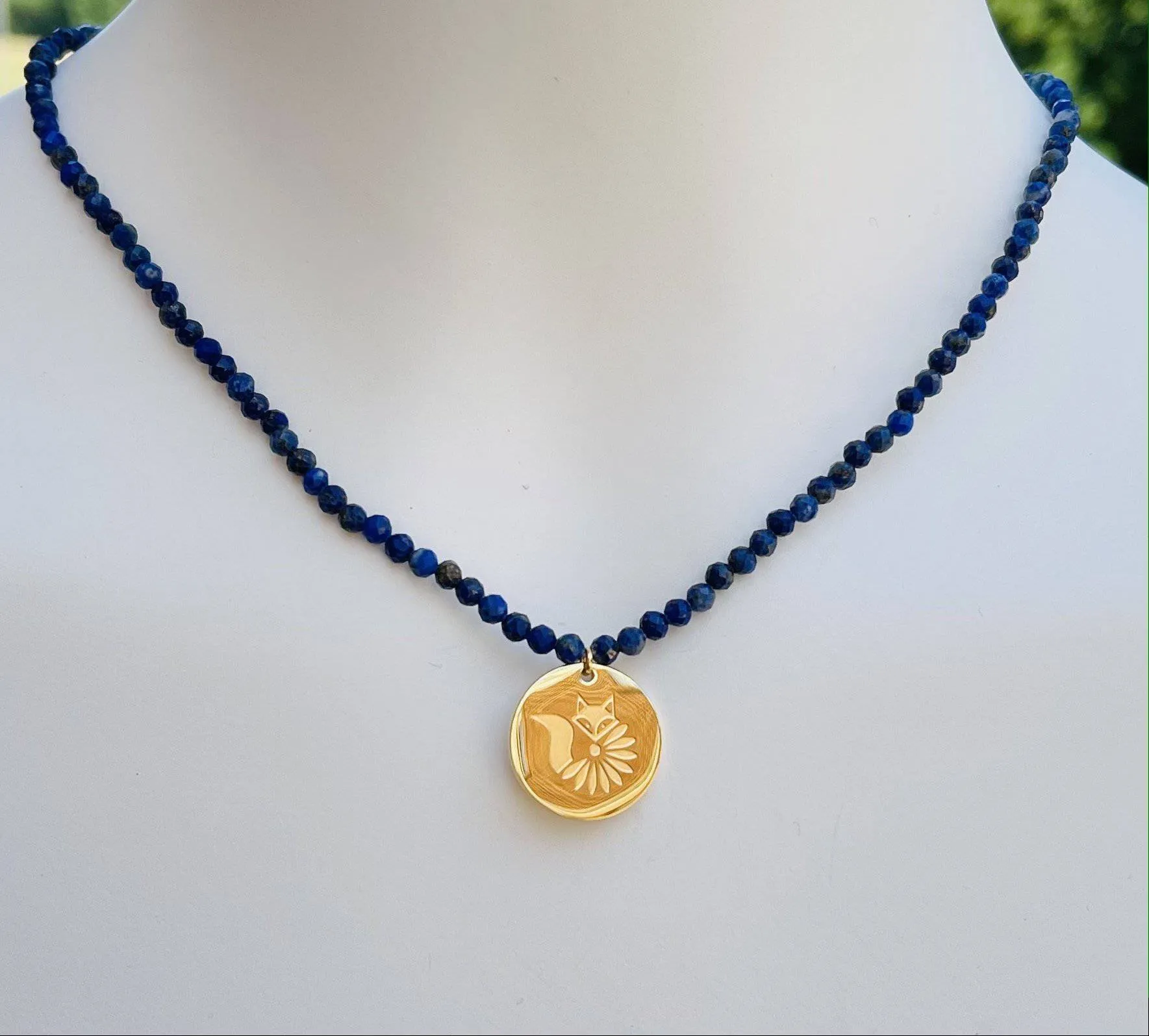 Blake Beaded Gemstone Necklace with Lucky Coin Fox Medallion