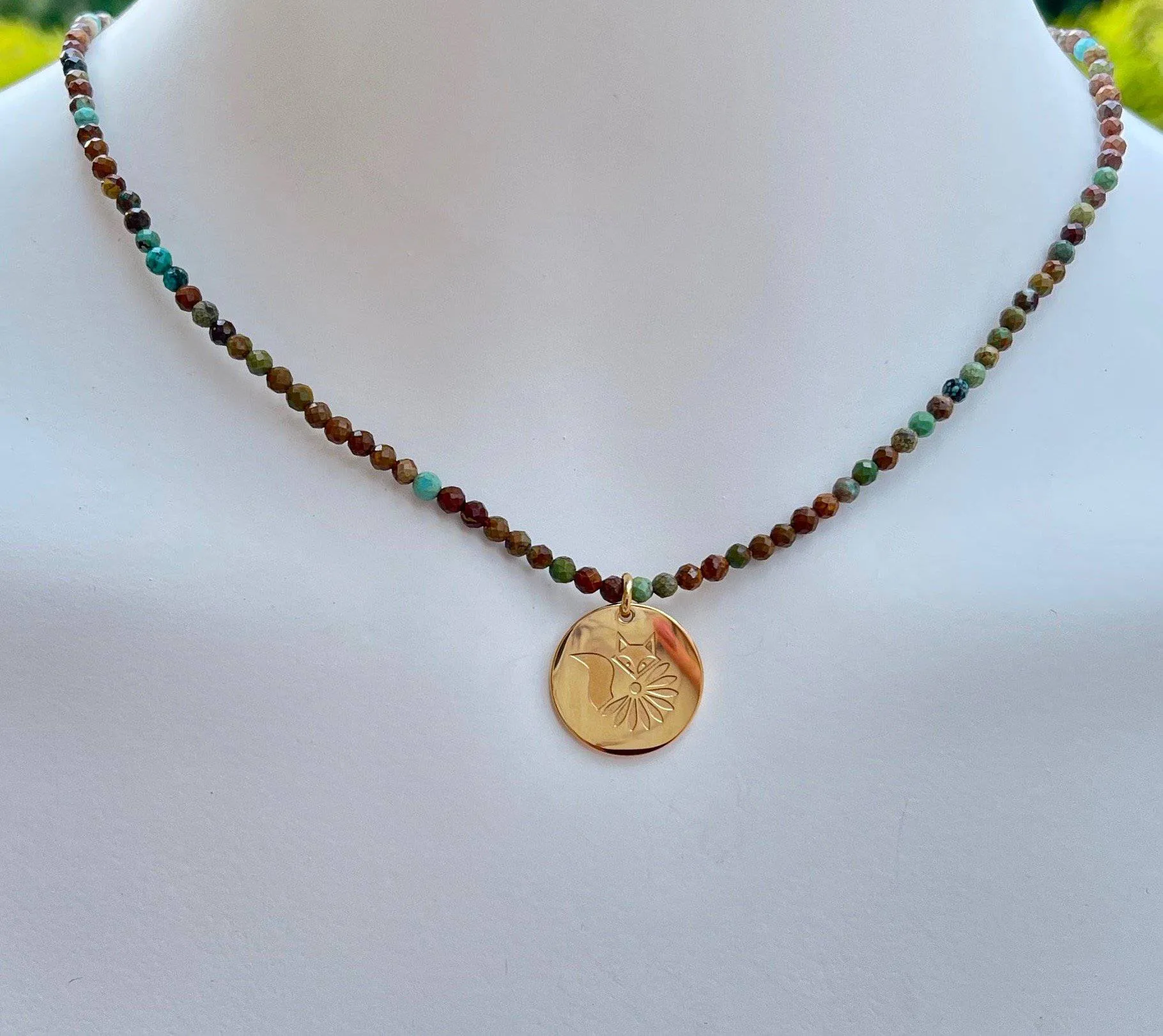 Blake Beaded Gemstone Necklace with Lucky Coin Fox Medallion